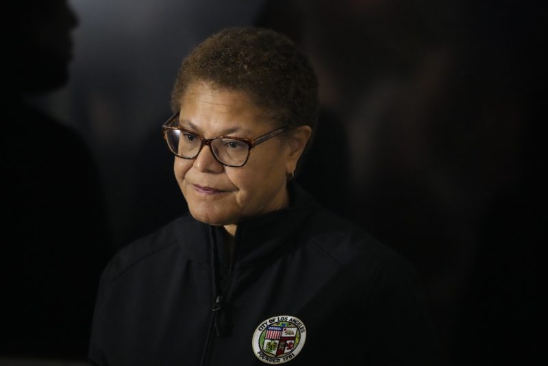 Los Angeles Mayor Karen Bass at a podium