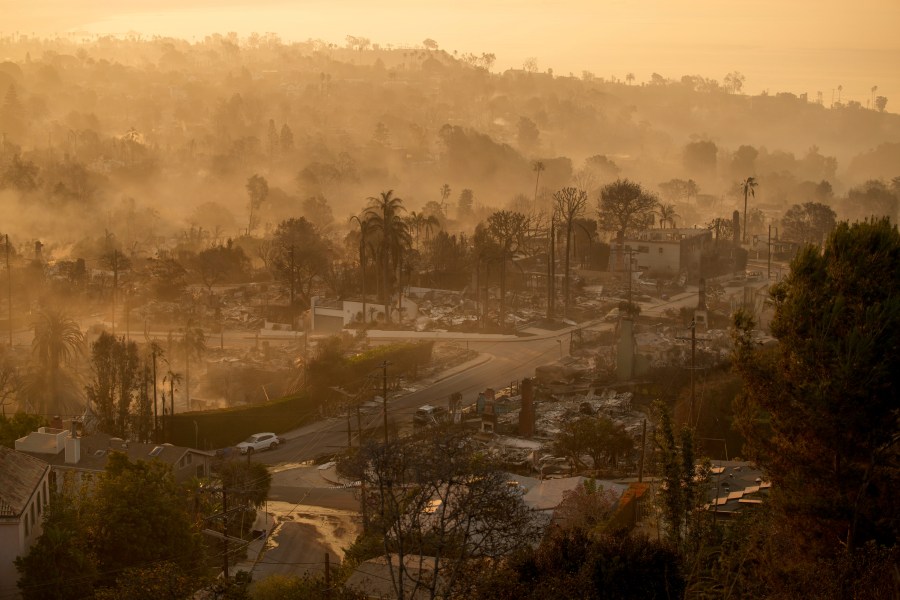 Devastation from a wildfire is seen from the air in the Pacific Palisades neighborhood of Los Angeles Jan. 9, 2025.