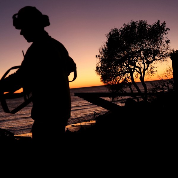 A firefighter works to extinguish hot spots in the aftermath of the Palisades fire in Los Angeles.