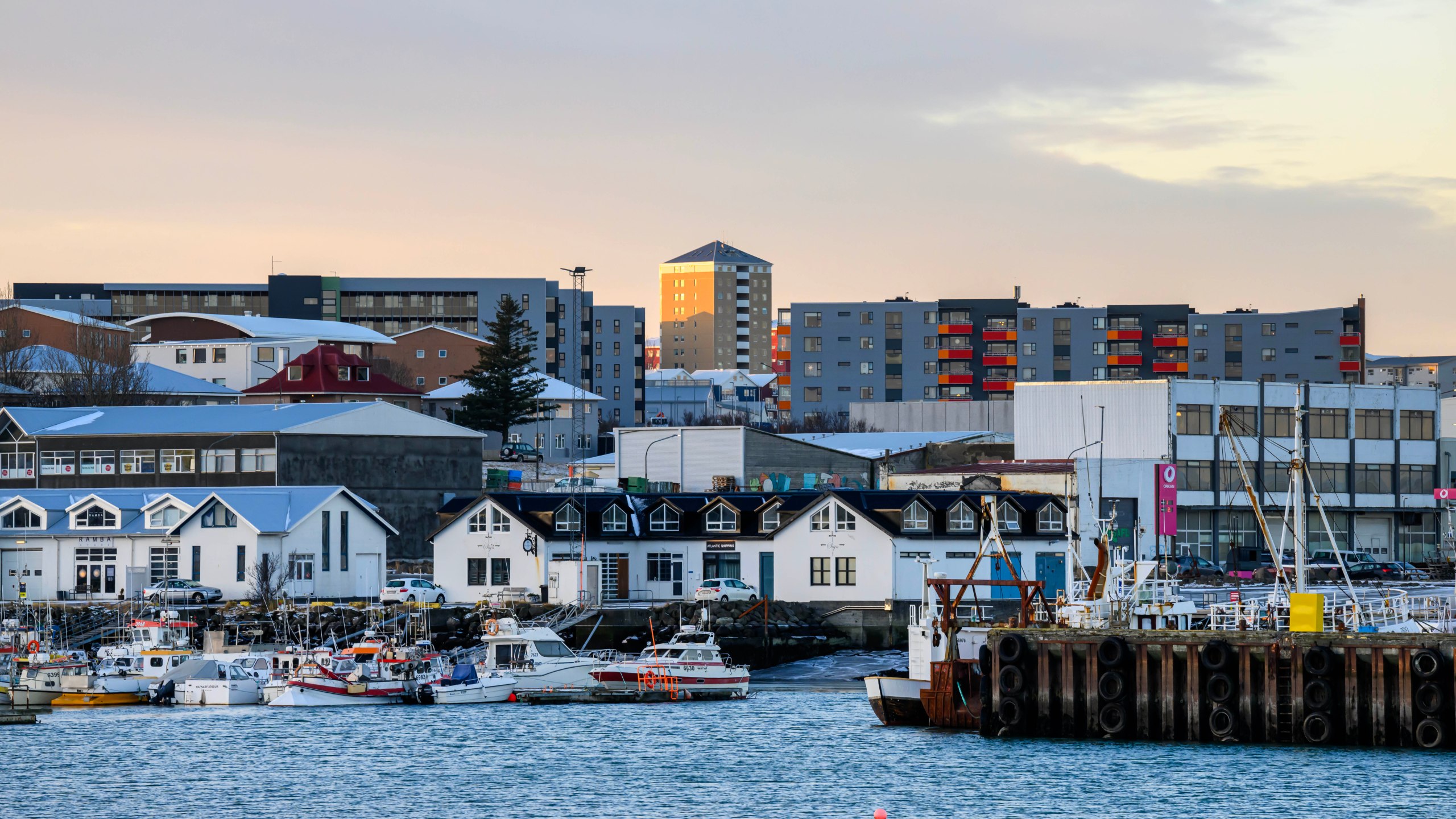 A panoramic view of a port area near downtown Reykjavik, Iceland