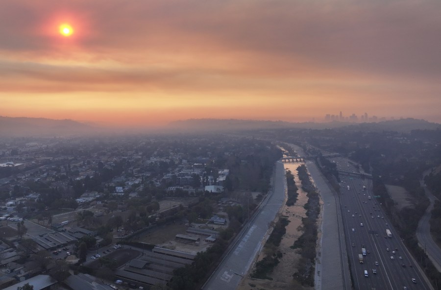 An aerial view of wildfire smoke over downtown Los Angeles