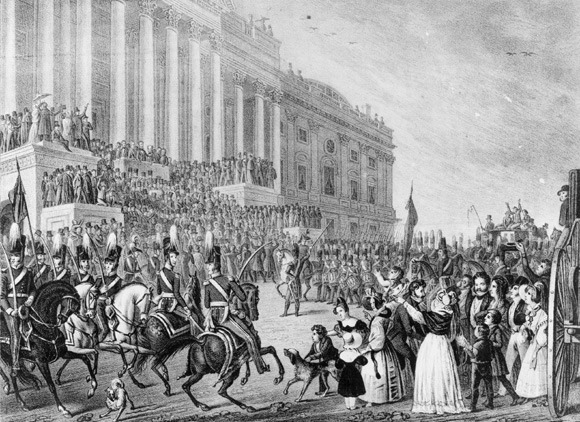 A drawing of the inauguration of William Henry Harrison.