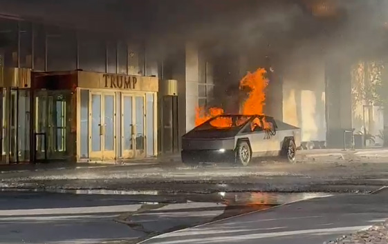 A Tesla Cybertruck on fire at Trump Hotel in Las Vegas.