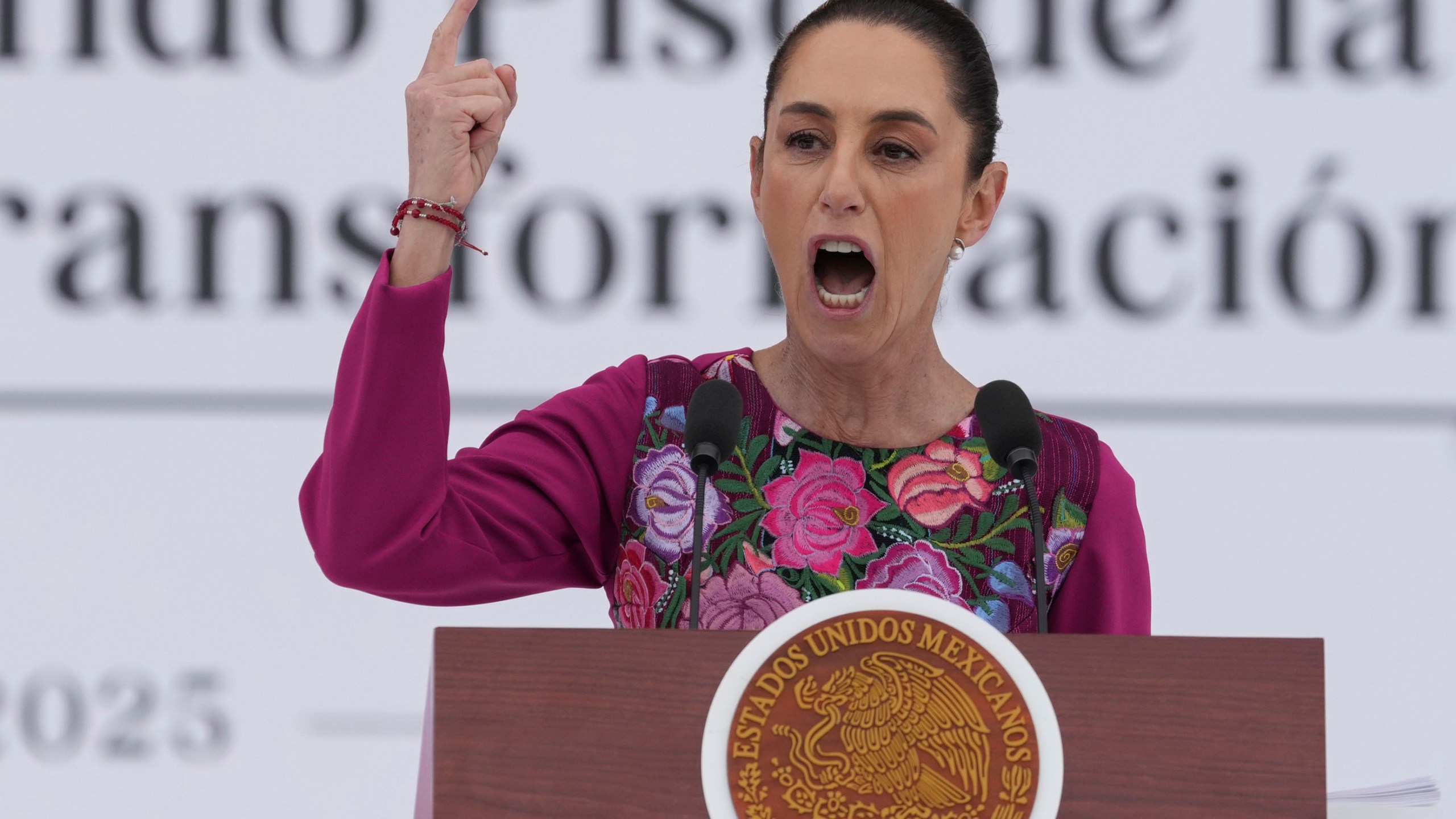 FILE - President Claudia Sheinbaum speaks to the crowd during an event marking her first 100 days in office, at the Zócalo, Mexico City's main square, in Mexico City, Sunday, Jan. 12, 2025. (AP Photo/Fernando Llano, File)