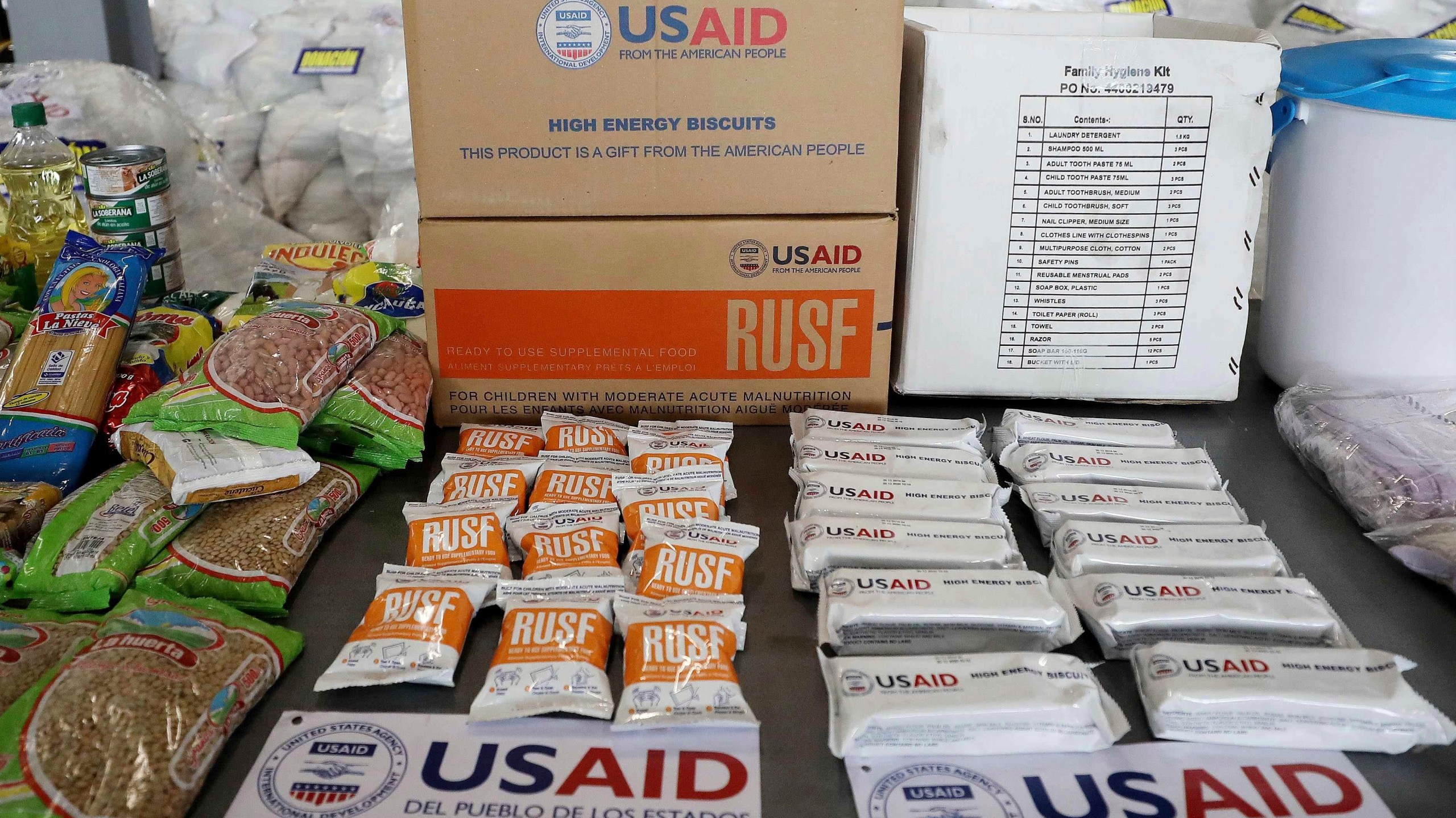 FILE - USAID humanitarian aid destined for Venezuela is displayed for the media at a warehouse next to the Tienditas International Bridge on the outskirts of Cucuta, Colombia, Feb. 19, 2019. (AP Photo/Fernando Vergara, File)