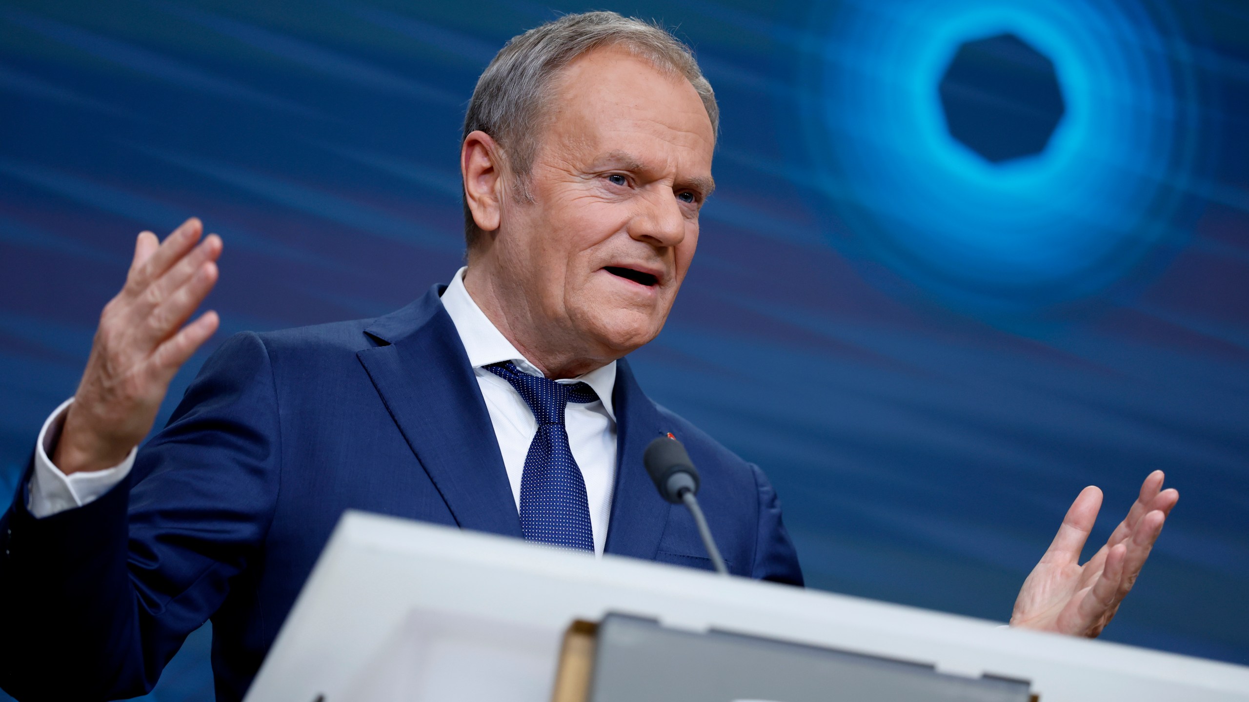 Poland's Prime Minister Donald Tusk addresses a media conference at the end of an EU summit in Brussels, Monday, Feb. 3, 2025. (AP Photo/Omar Havana)