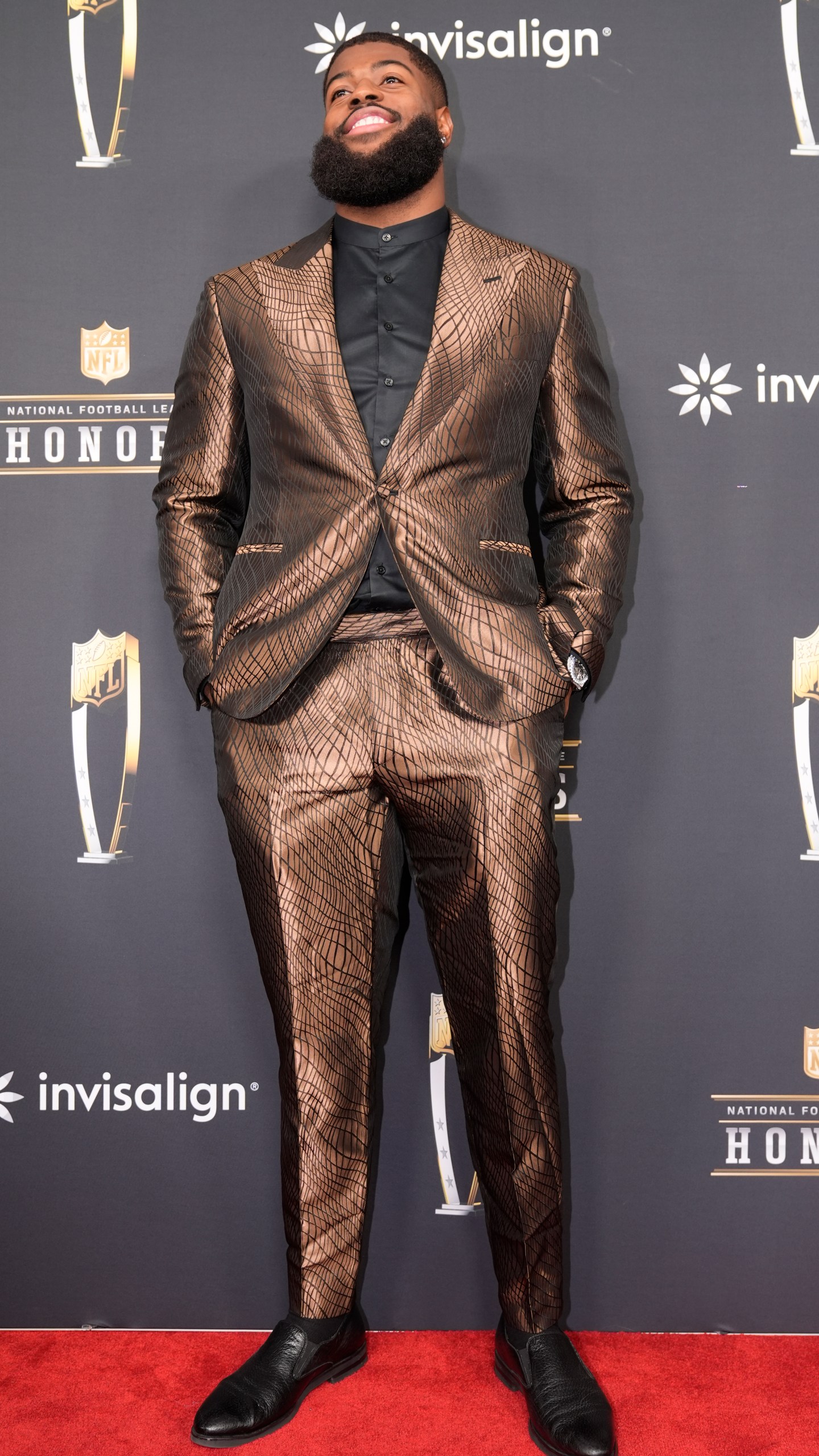 Jared Verse, of the Los Angels Rams, poses on the red carpet at the NFL Honors award show ahead of the Super Bowl 59 football game, Thursday, Feb. 6, 2025, in New Orleans. (AP Photo/Gerald Herbert)