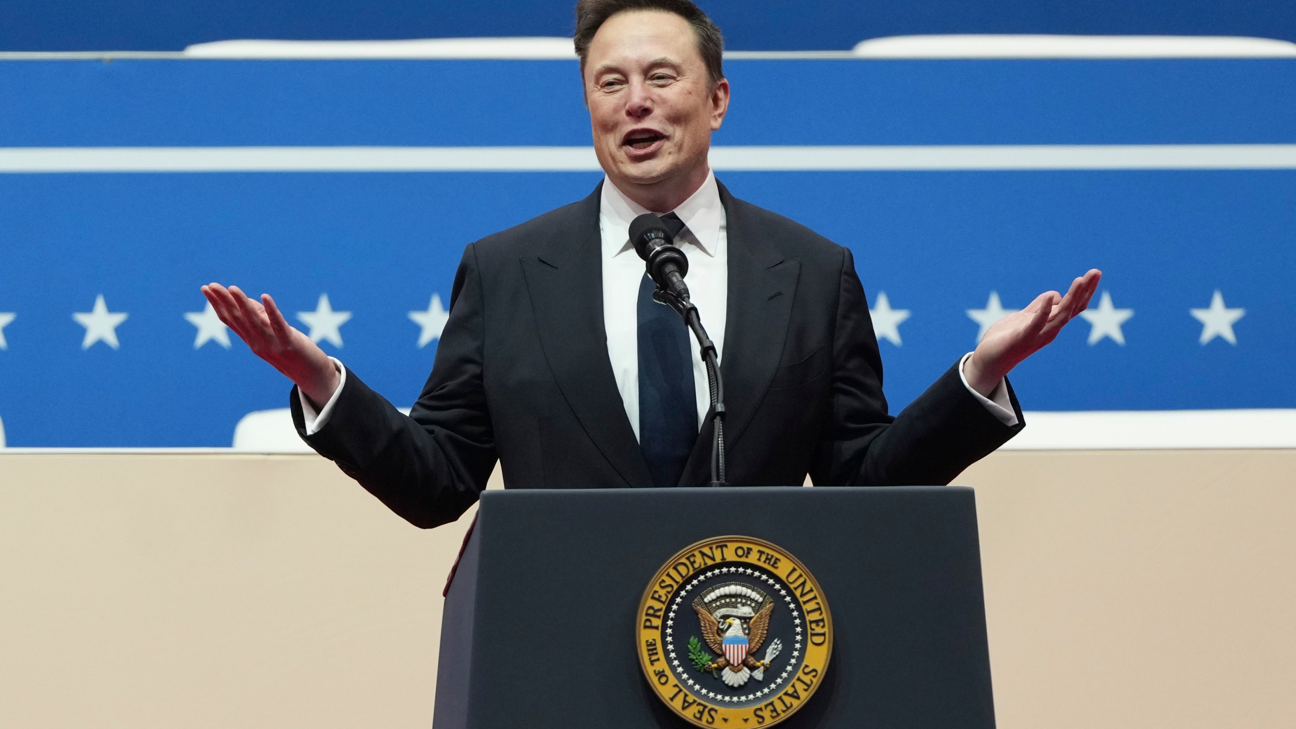 FILE - Elon Musk speaks at a presidential inauguration event on behalf of President-elect Donald Trump in Washington, Jan. 20, 2025. (AP Photo/Matt Rourke, File)