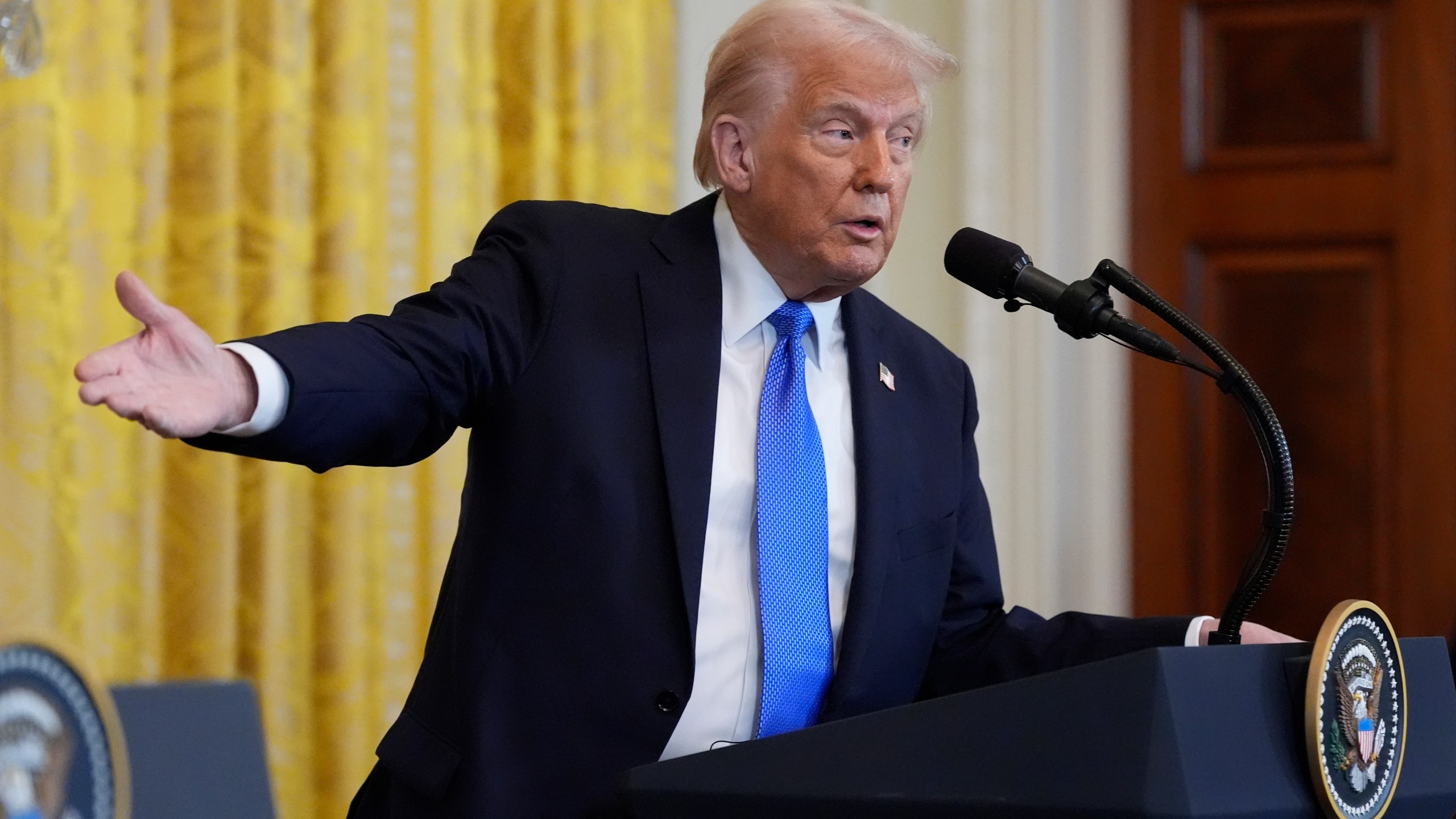 President Donald Trump speaks during a news conference with Japanese Prime Minister Shigeru Ishiba in the East Room of the White House, Friday, Feb. 7, 2025, in Washington. (AP Photo/Alex Brandon)