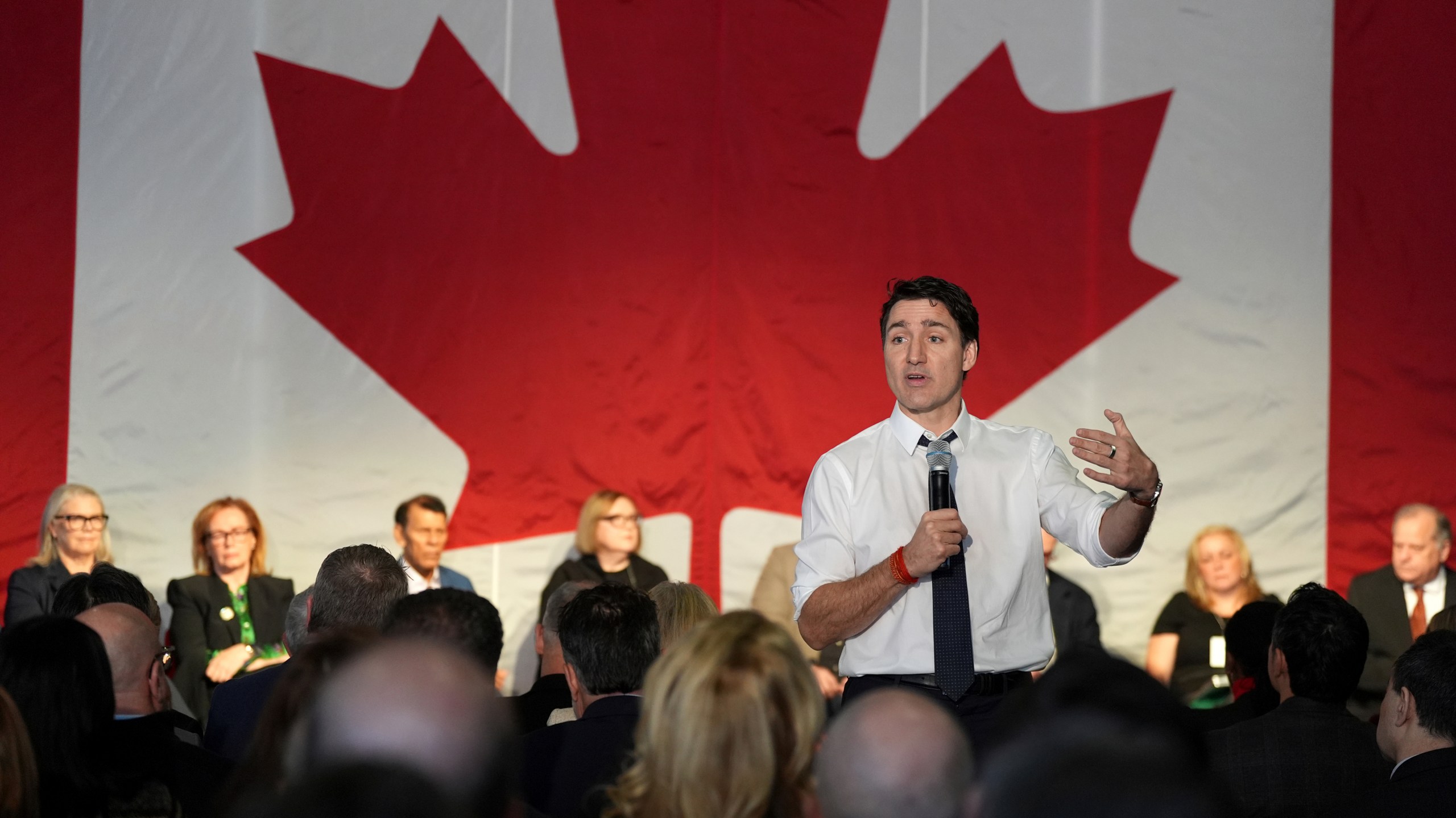 Prime Minister Justin Trudeau addresses a Canada-U.S. economic summit in Toronto, Friday, Feb. 7, 2025. (Frank Gunn /The Canadian Press via AP)