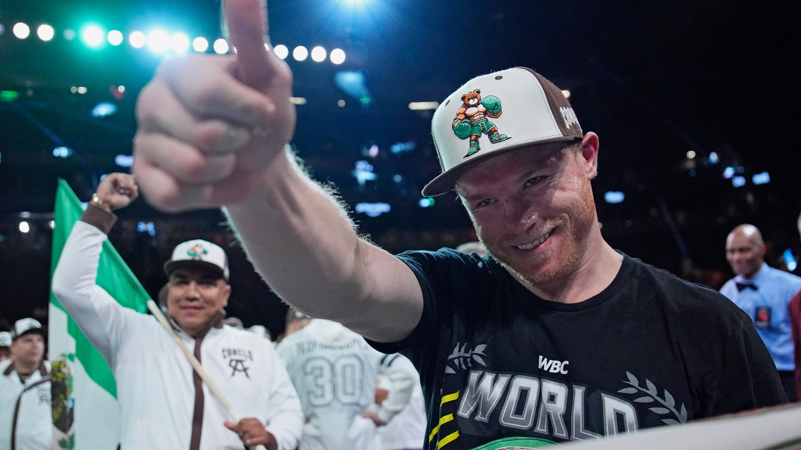 FILE - Canelo Alvarez celebrates after defeating Edgar Berlanga in a super middleweight title bout Sept. 14, 2024, in Las Vegas. (AP Photo/John Locher, File)