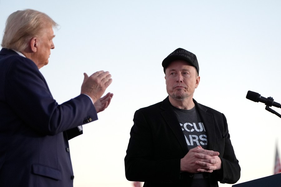 President Donald Trump and CEO Elon Musk at a campaign event at the Butler Farm Show, on Oct. 5, 2024, in Butler, Pa.