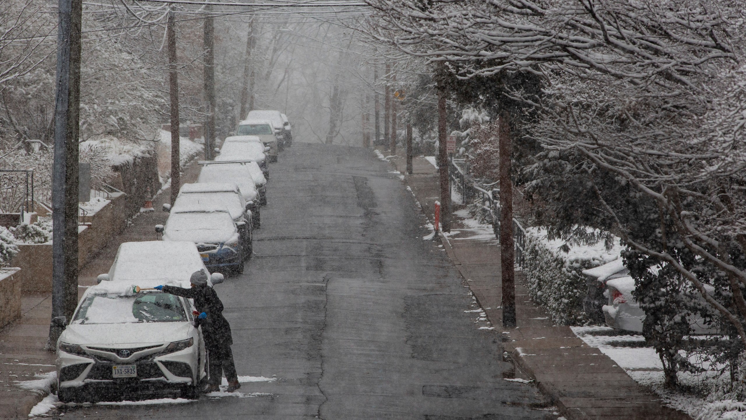 Alba Salinas clears snow off her car as a winter snowstorm hits Charlottesville, Va., Tuesday, Feb. 11, 2025. (Cal Cary/The Daily Progress via AP)