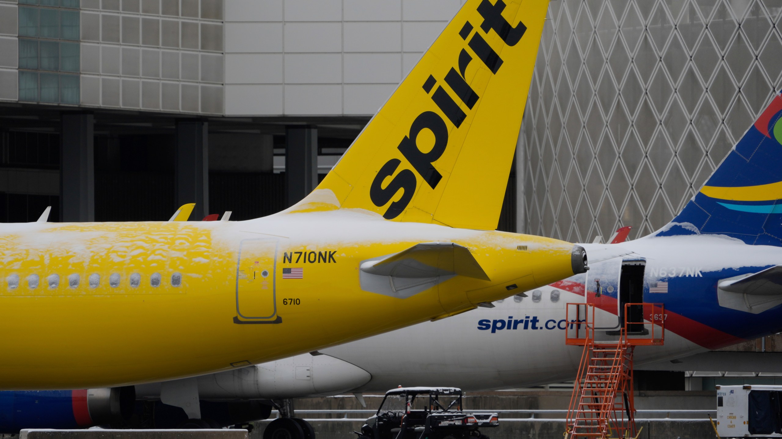 FILE -Spirit Airlines planes parked at the closed George Bush Intercontinental Airport, Jan. 21, 2025, in Houston. (AP Photo/David J. Phillip, File)