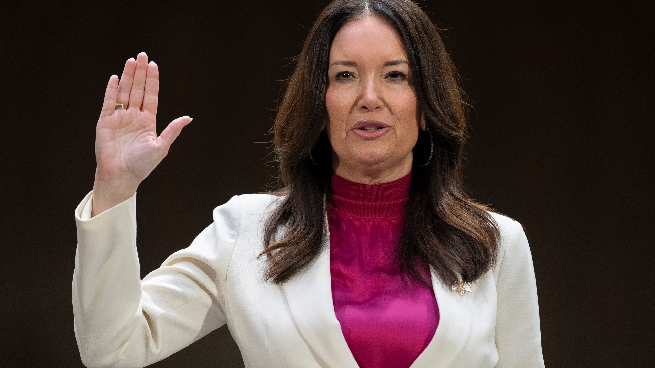 Brooke Rollins is sworn-in for a Senate Agriculture, Nutrition, and Forestry Committee hearing on her nomination for Secretary of Agriculture, Thursday, Jan. 23, 2025, in Washington. (AP Photo/Jacquelyn Martin)