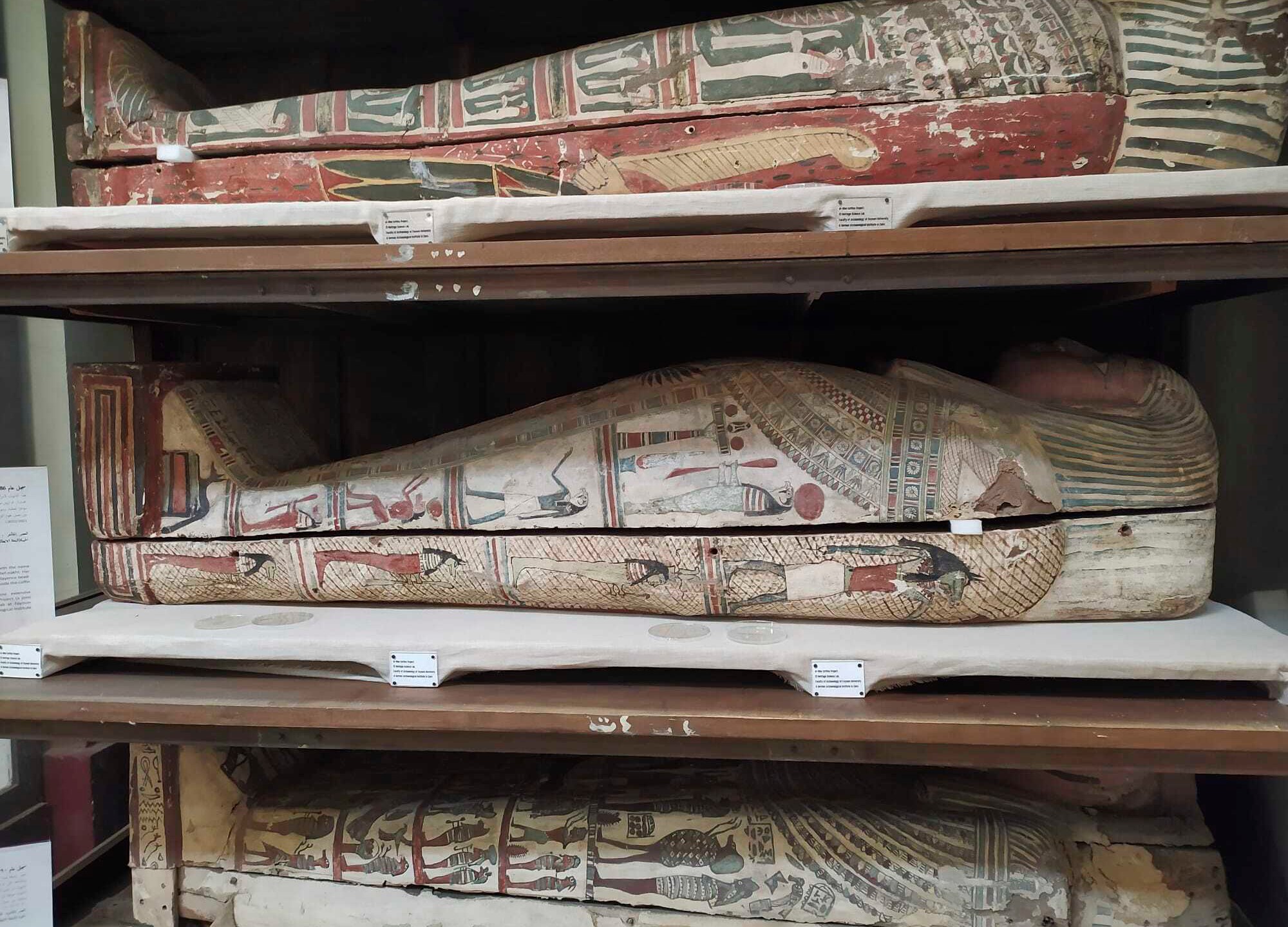 In this undated photo provided by Emma Paolin, a view of a selection of the mummified bodies in the exhibition area of the Egyptian museum in Cairo. (Emma Paolin via AP)