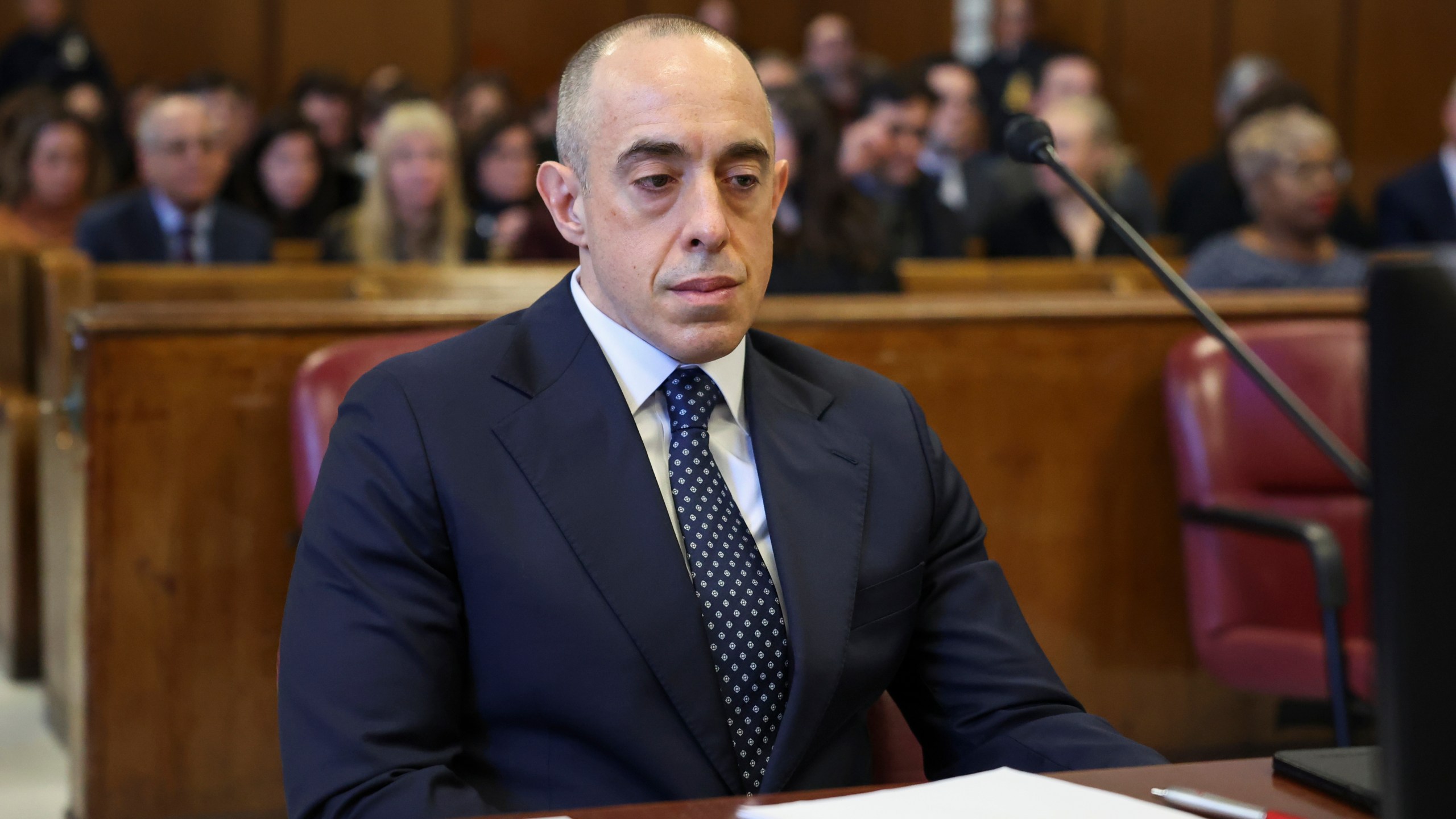 FILE - Attorney Emil Bove sits on the day of a sentencing hearing in the criminal case in which President-elect Donald Trump was convicted in 2024 on charges involving hush money paid to a porn star, outside of New York Criminal Court in Manhattan in New York City, Jan. 10, 2025. (Brendan McDermid, Pool Photo via AP, File)