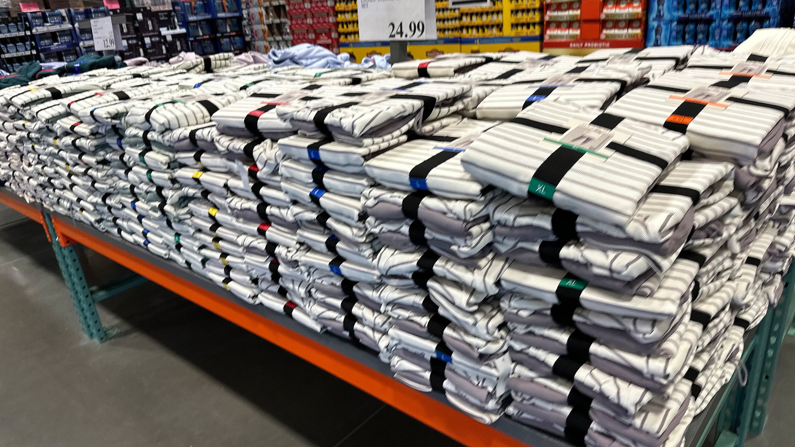 FILE - A table is stacked with striped lounge sets in a Costco warehouse Monday, Feb. 3, 2025, in east Denver. (AP Photo/David Zalubowski)