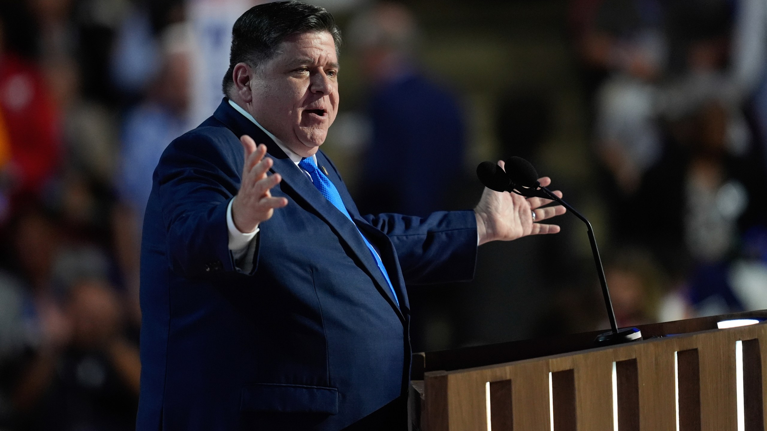 FILE - Illinois Gov. JB Pritzker speaks during the Democratic National Convention, in Chicago, Aug. 20, 2024. (AP Photo/Paul Sancya, File)