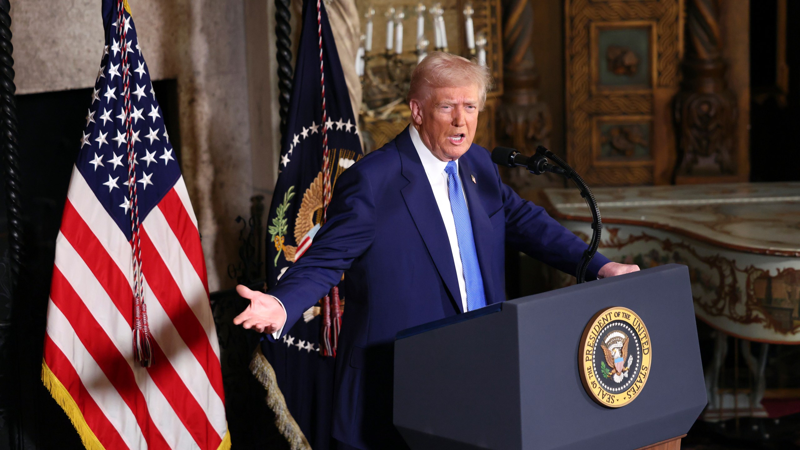 President Donald Trump speaks at Mar-a-Lago in Palm Beach, Fla., Tuesday, Feb. 18, 2025. (Pool via AP)