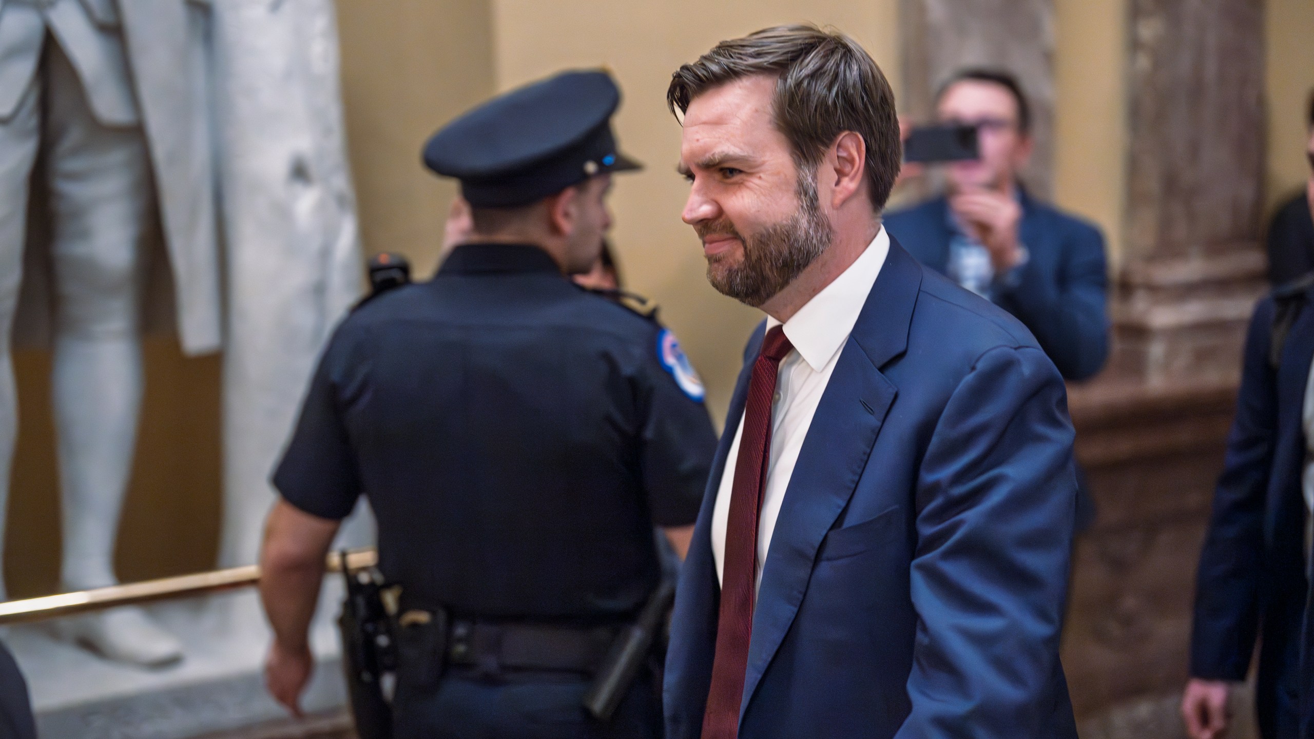 Vice President JD Vance arrives at the Capitol to meet with Republicans after President Donald Trump threw the Senate GOP budget plan into turmoil, in Washington, Wednesday, Feb. 19, 2025. (AP Photo/J. Scott Applewhite)