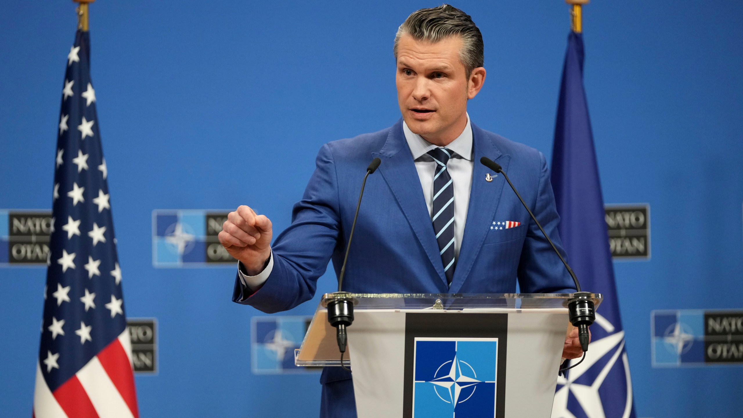 United States Secretary of Defense Pete Hegseth speaks during a media conference after a meeting of NATO defense ministers at NATO headquarters in Brussels, Thursday, Feb. 13, 2025. (AP Photo/Virginia Mayo)