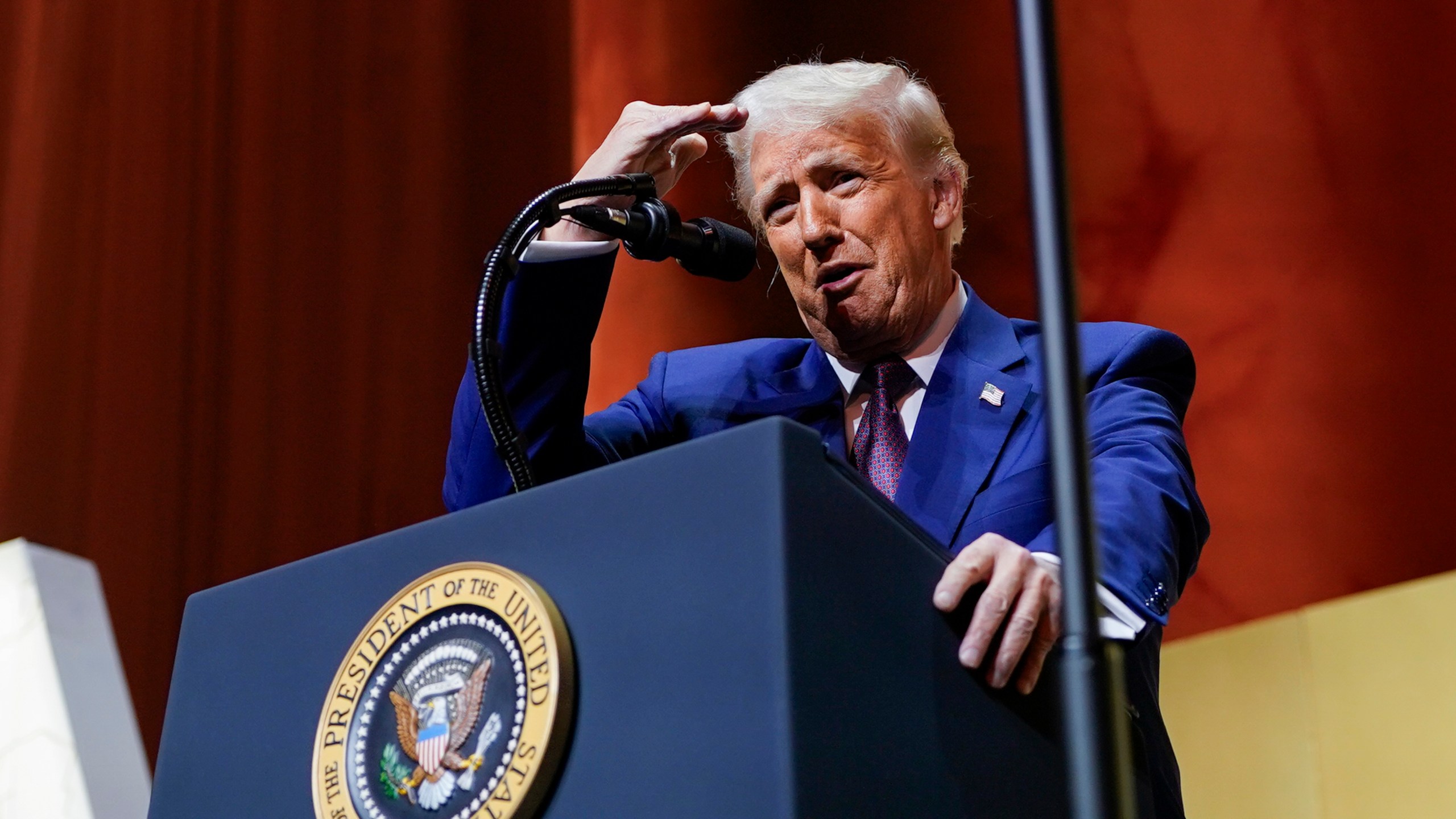 President Donald speaks at the Republican Governors Association meeting at the National Building Museum in Washington, Thursday, Feb. 20, 2025. (Pool via AP)