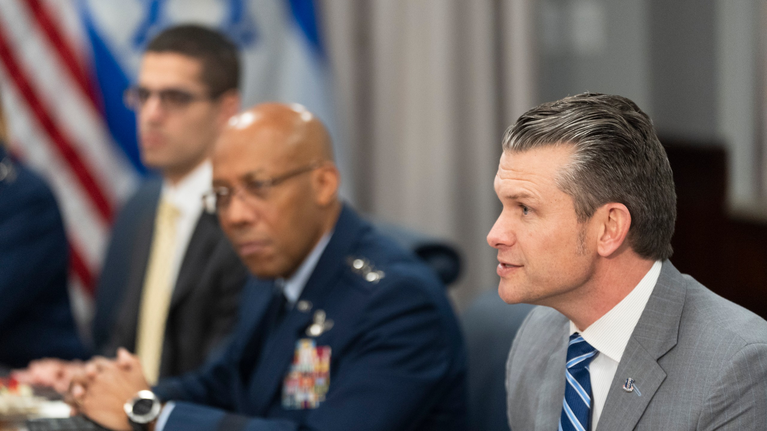 Secretary of Defense Pete Hegseth, from right, with Chairman of the Joint Chiefs of Staff Gen. CQ Brown gives his opening statement before the start of their meeting with Israeli Prime Minister Benjamin Netanyahu at the Pentagon, Wednesday, Feb. 5, 2025, in Washington. (AP Photo/Manuel Balce Ceneta)