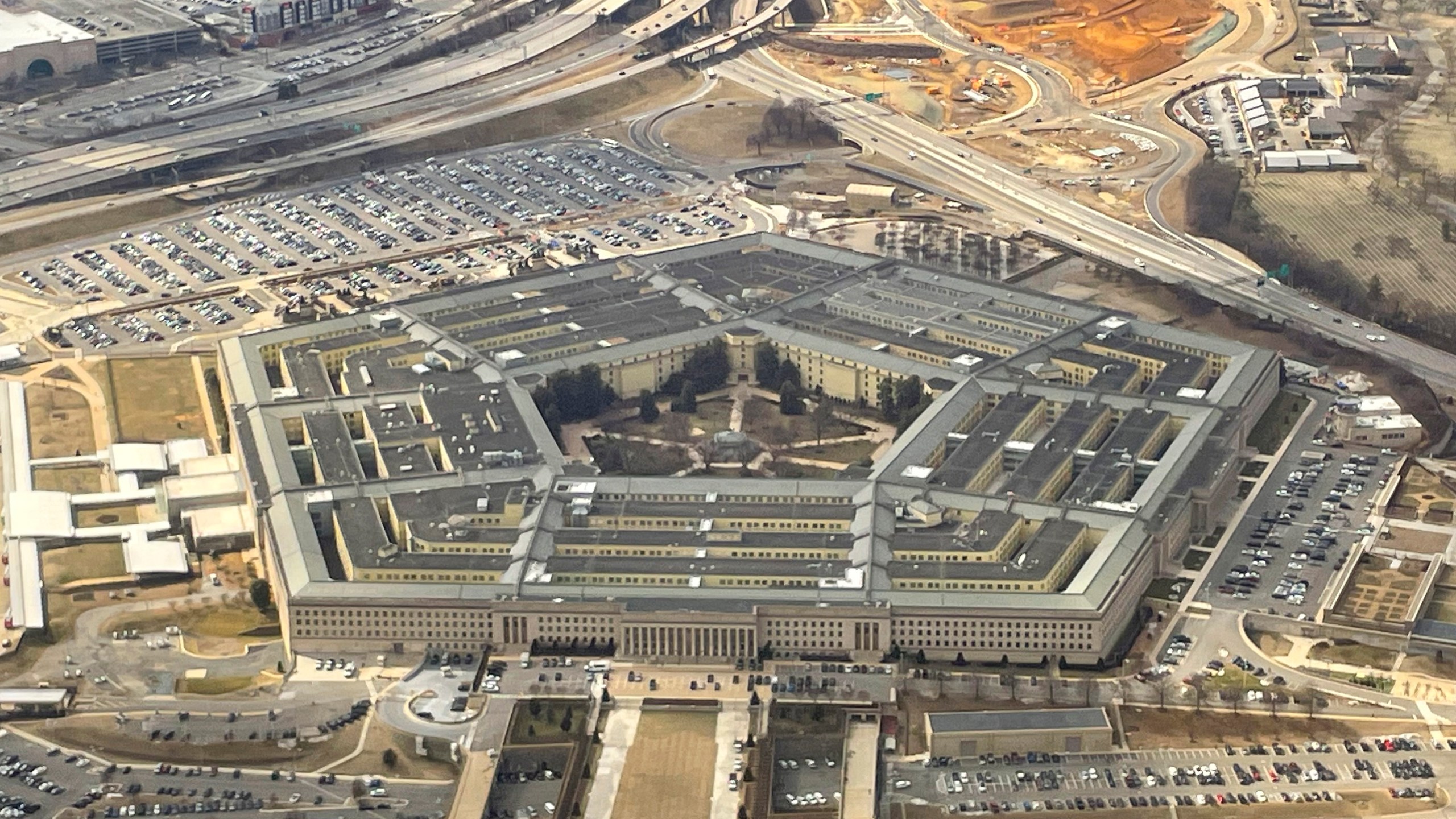 The Pentagon is seen in this aerial view through an airplane window in Washington on Thursday, Feb. 20, 2025. (AP Photo/Pablo Martinez Monsivais)