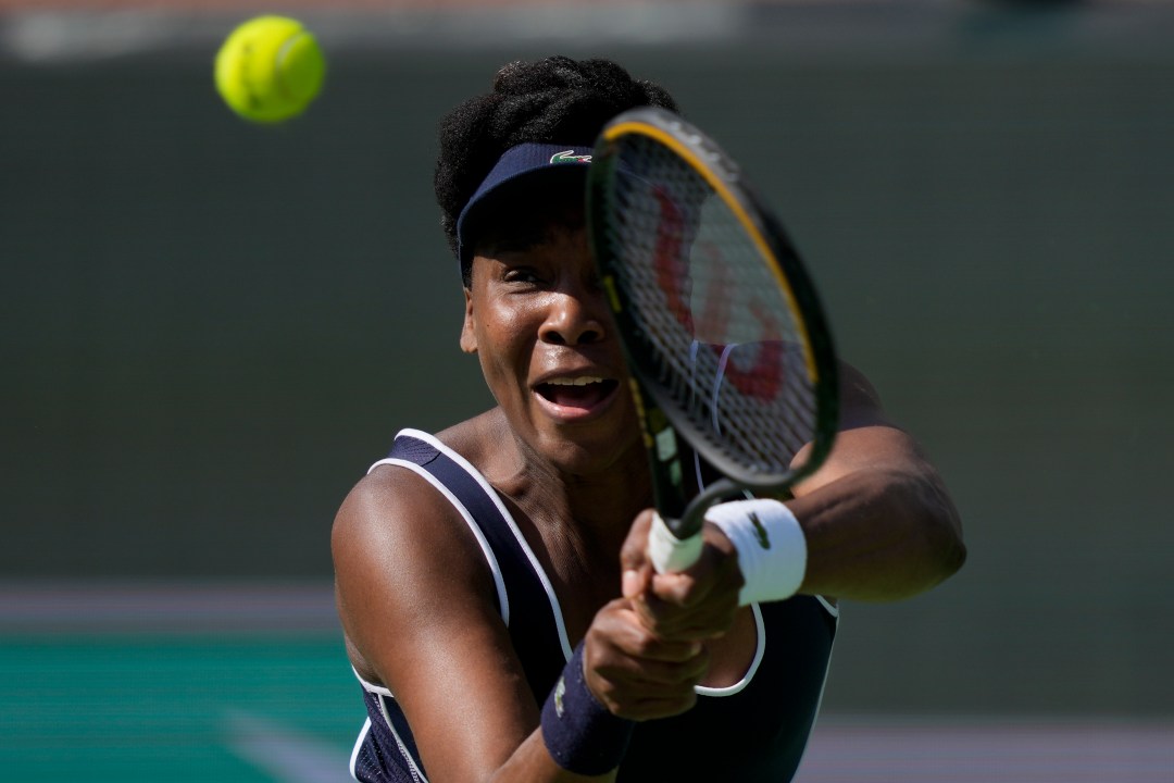 FILE - Venus Williams, of the U.S., returns to Nao Hibino, of Japan, at the BNP Paribas Open tennis tournament, March 7, 2024, in Indian Wells, Calif. (AP Photo/Ryan Sun, File)