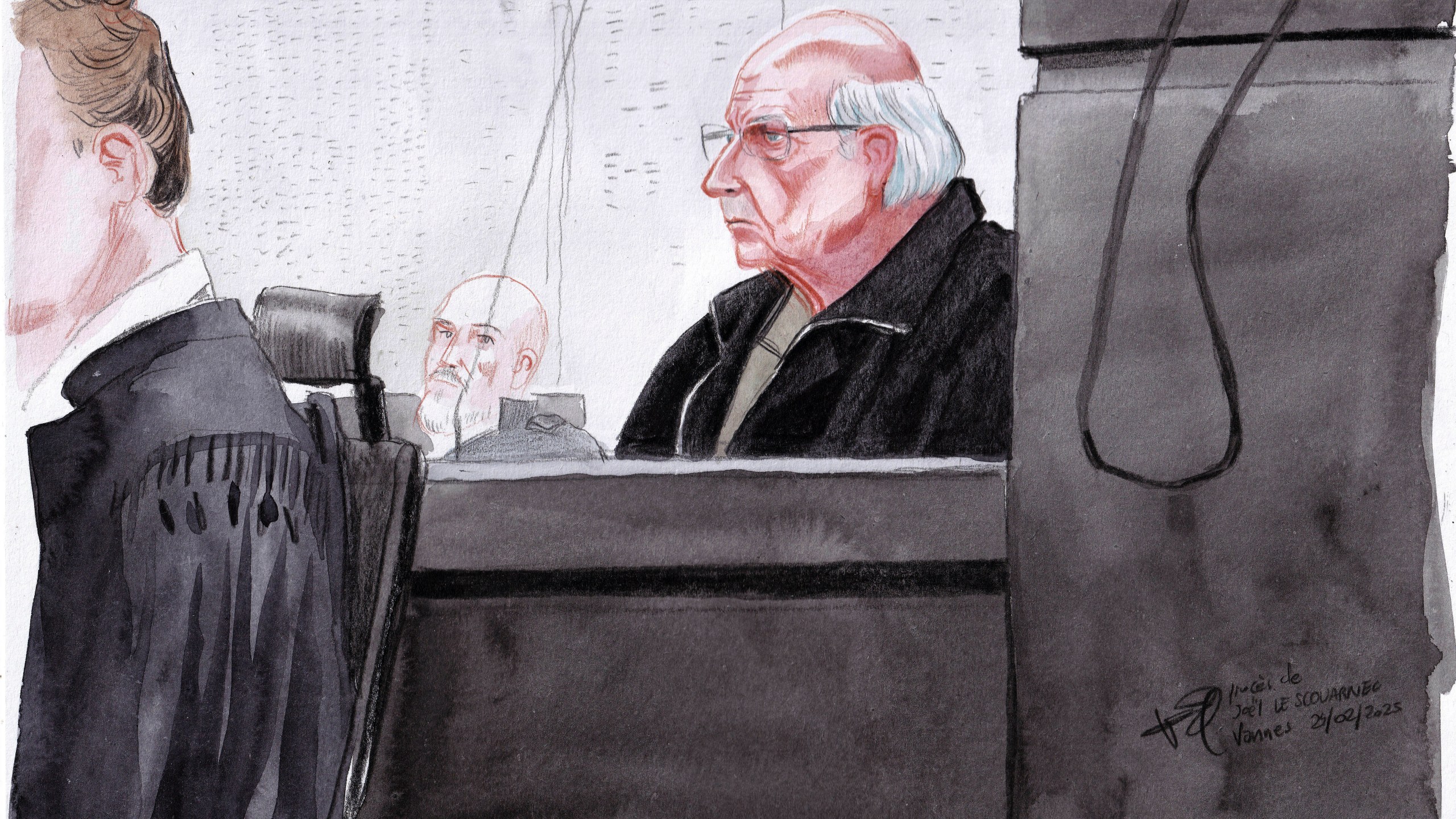 A courtroom sketch shows a man sitting in a courtroom