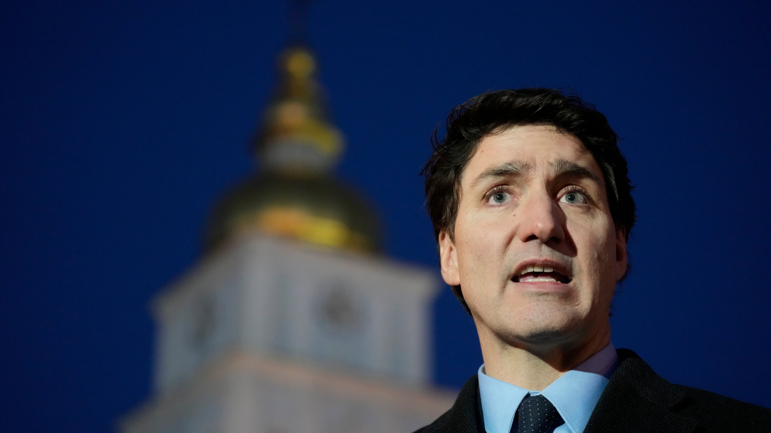 Canadian Prime Minister Justin Trudeau holds a media availability in Kyiv, Ukraine, Monday, Feb. 24, 2025. (Frank Gunn/The Canadian Press via AP)