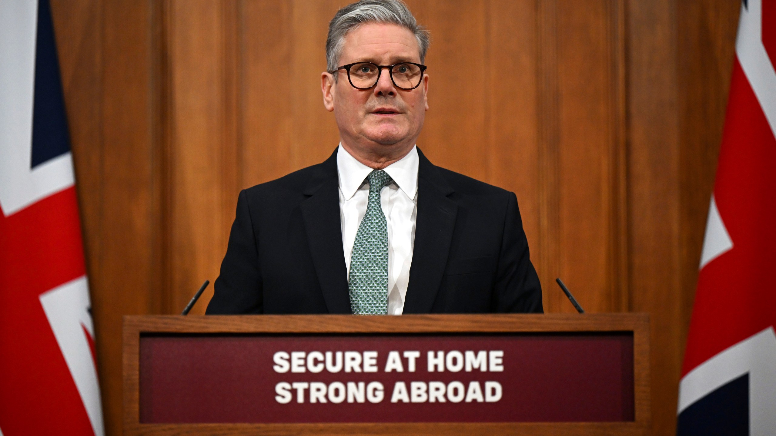 Britain's Prime Minister Keir Starmer delivers a statement on Defence spending at Downing Street in London, Tuesday, Feb, 25, 2025. (Leon Neal/Pool photo via AP)
