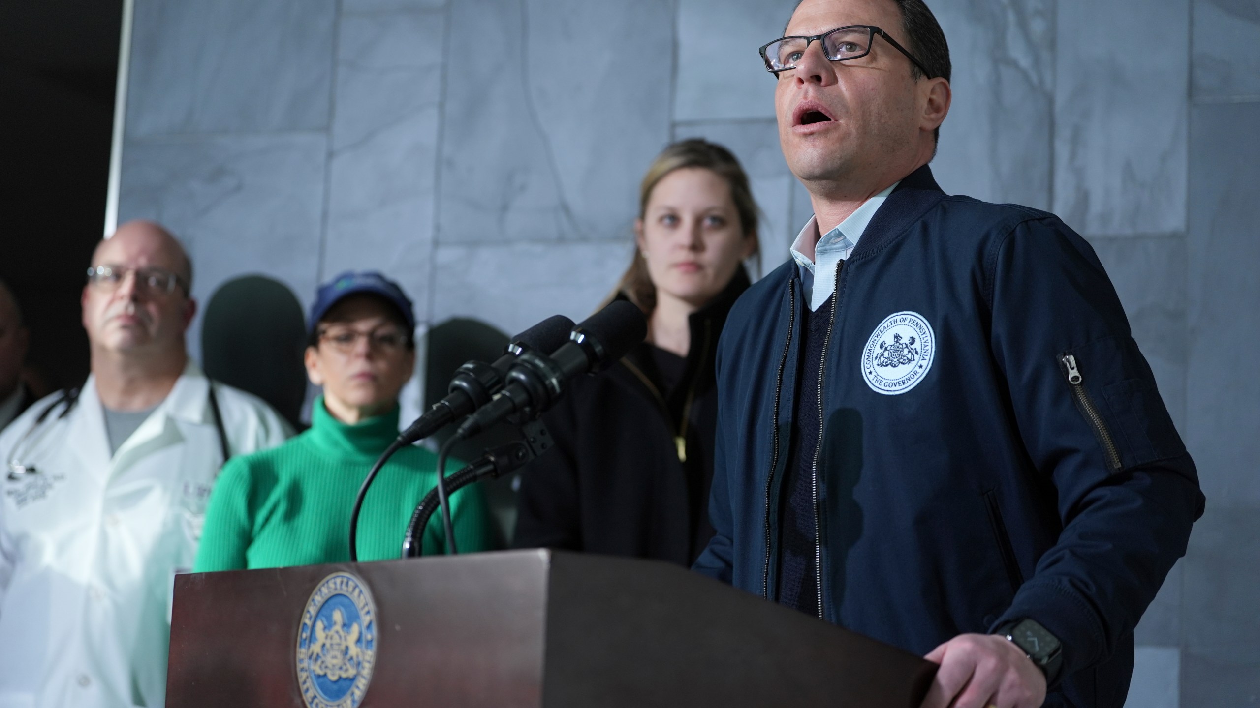 Governor Josh Shapiro speaks during a news conference regarding the shooting at UPMC Memorial Hospital in York, Pa. on Saturday, Feb. 22, 2025. (AP Photo/Matt Rourke)