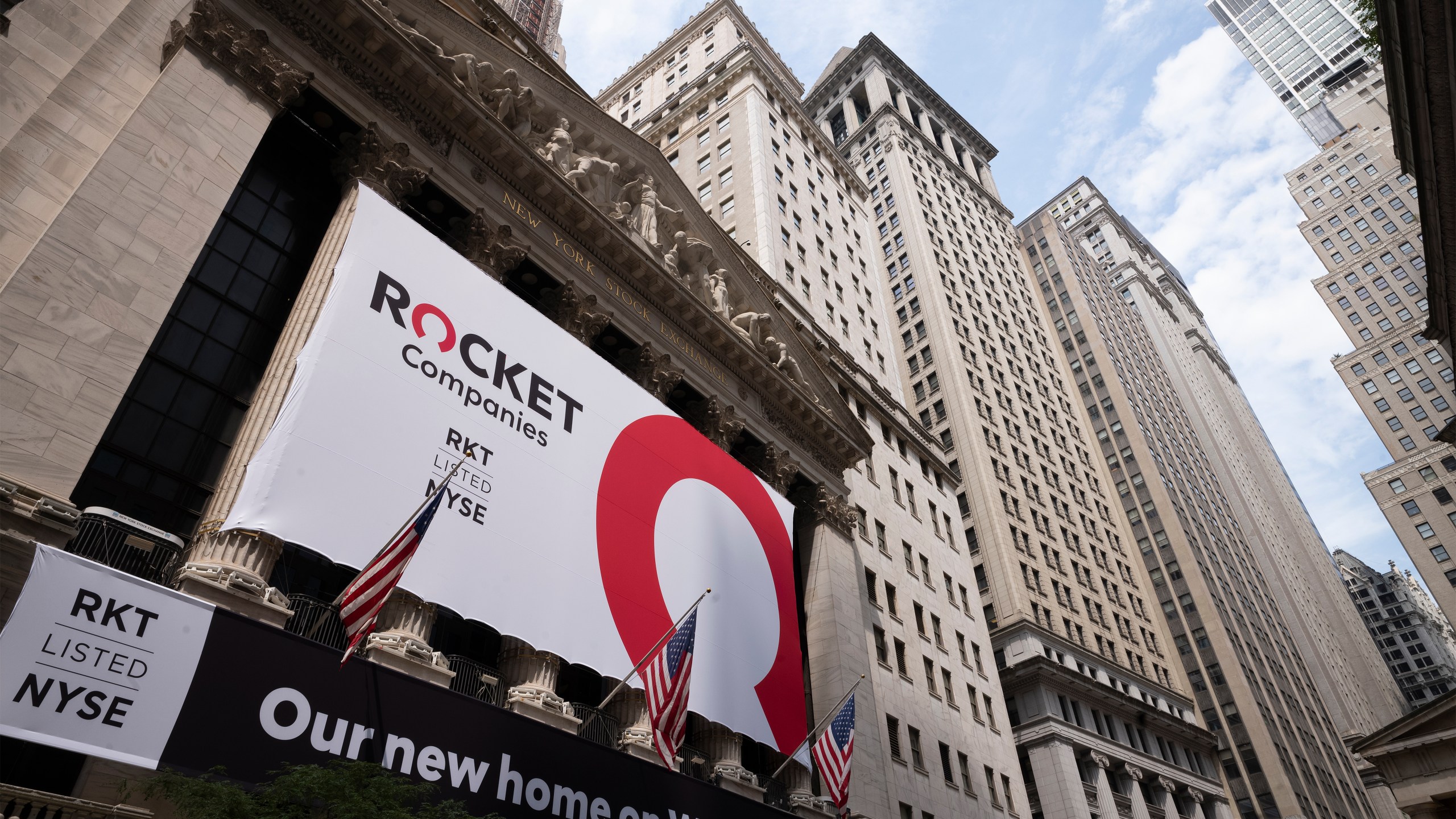 FILE - A Rocket Companies sign is displayed on the exterior of the New York Stock Exchange, Thursday, Aug. 6, 2020, in New York. (AP Photo/Mark Lennihan)
