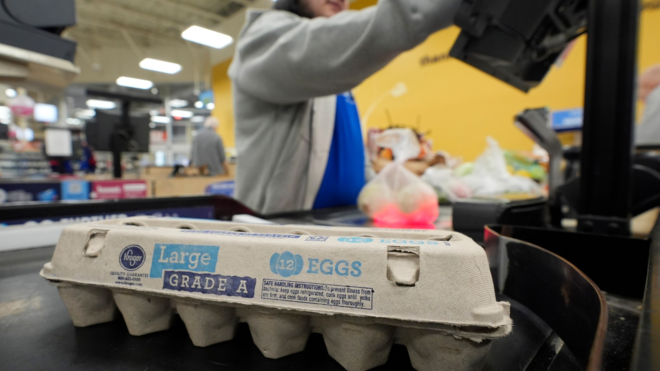 FILE - Cashier Josh Jimenez rings up egg for sale at a grocery store on Friday, Feb. 7, 2025, in Dallas. (AP Photo/LM Otero, File)