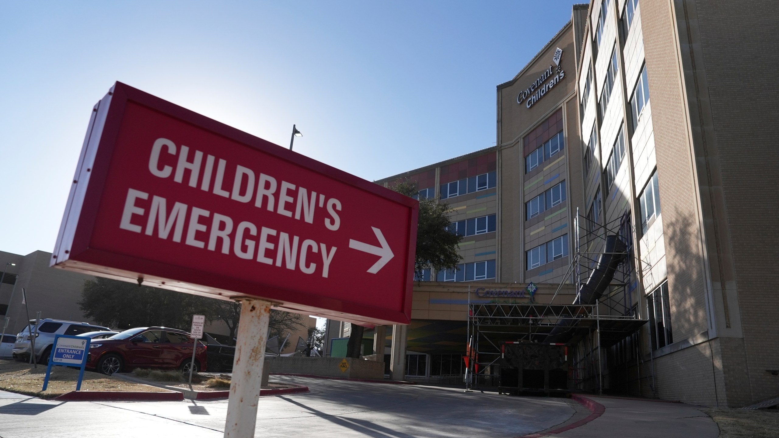 Covenant Children's Hospital is pictured from outside the emergency entrance on Wednesday, Feb. 26, 2025, in Lubbock, Texas. (AP Photo/Mary Conlon)