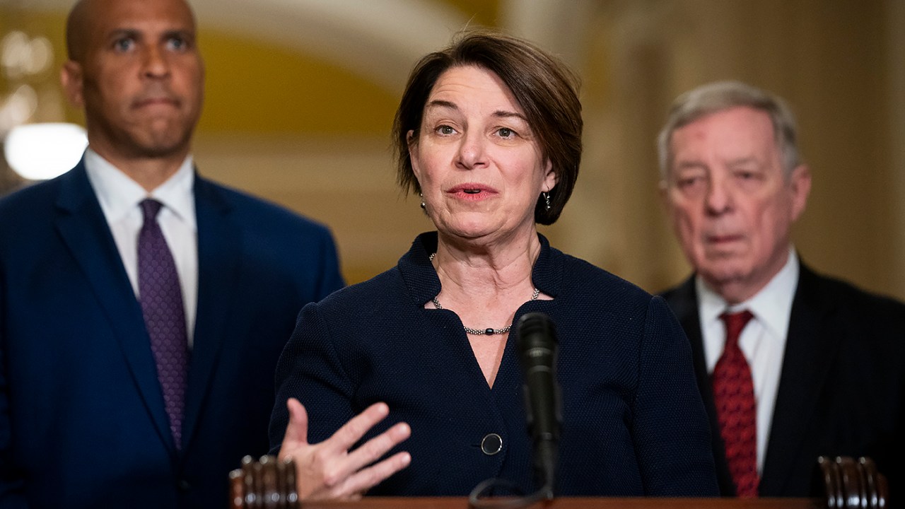 Sen. Amy Klobuchar (D-Minn.) addresses reporters following the weekly policy luncheon on Tuesday, December 3, 2024.