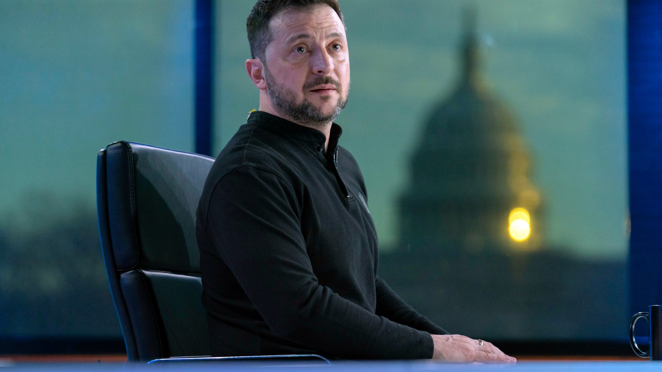 Ukraine's President Volodymyr Zelenskyy pauses during a interview with Bret Baier during a taping of FOX News Channel's Special Report with Bret Baier in Washington, Friday, Feb. 28, 2025. (AP Photo/Jose Luis Magana)