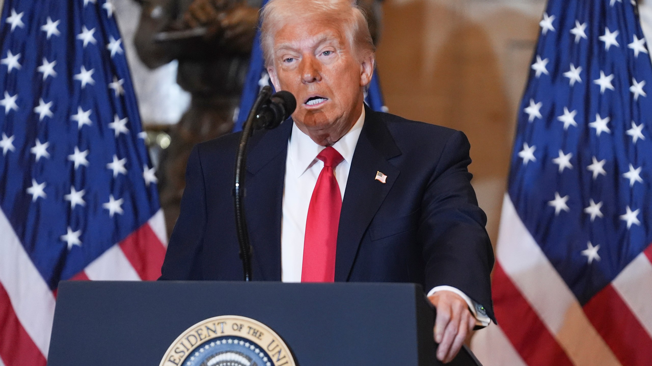 FILE - President Donald Trump speaks at the National Prayer Breakfast at the Capitol in Washington, Feb. 6, 2025. (AP Photo/Evan Vucci, File)