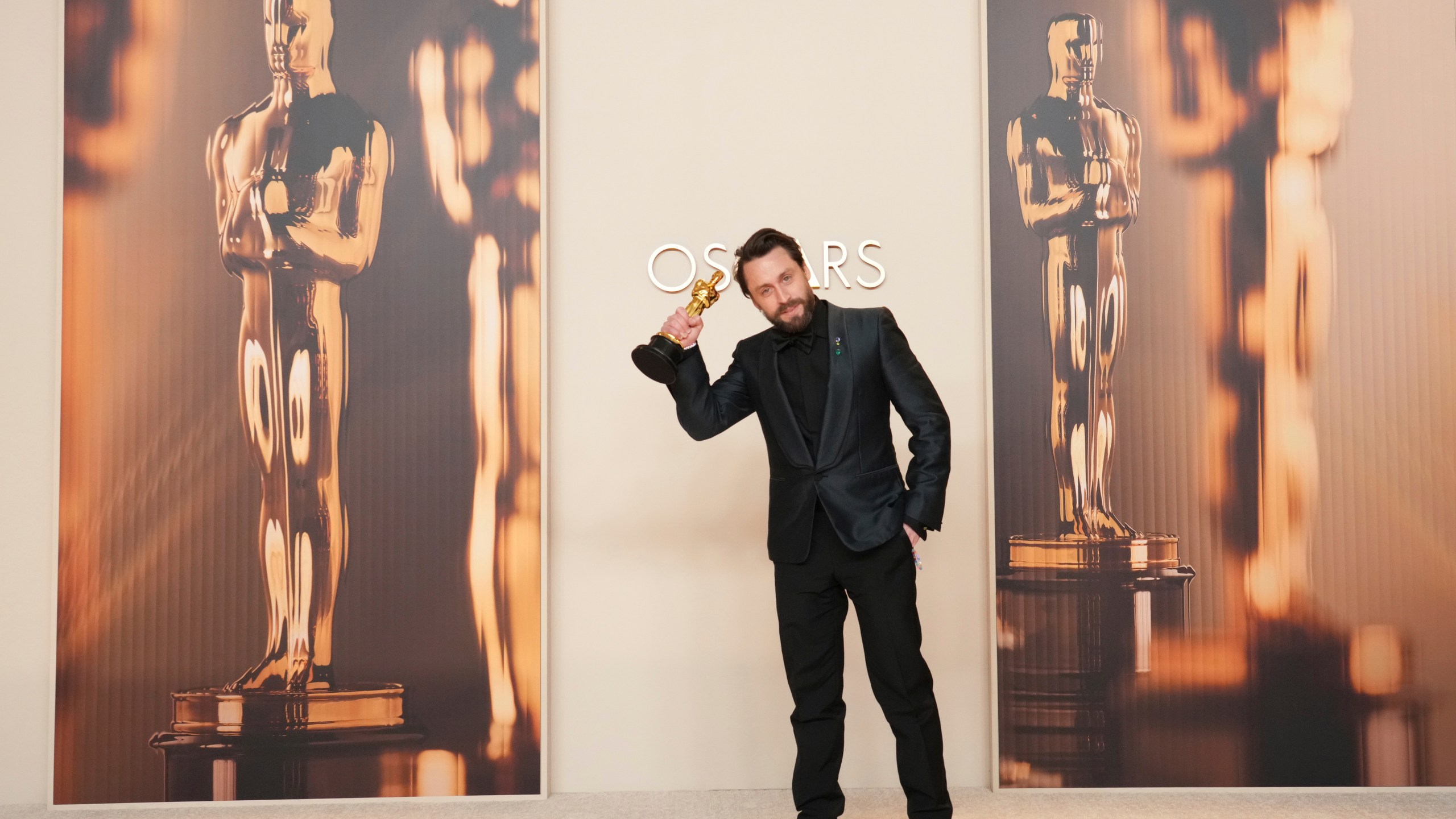 Kieran Culkin, winner of the award for best performance by an actor in a supporting role for "A Real Pain," poses in the press room at the Oscars on Sunday, March 2, 2025, at the Dolby Theatre in Los Angeles. (Photo by Jordan Strauss/Invision/AP)