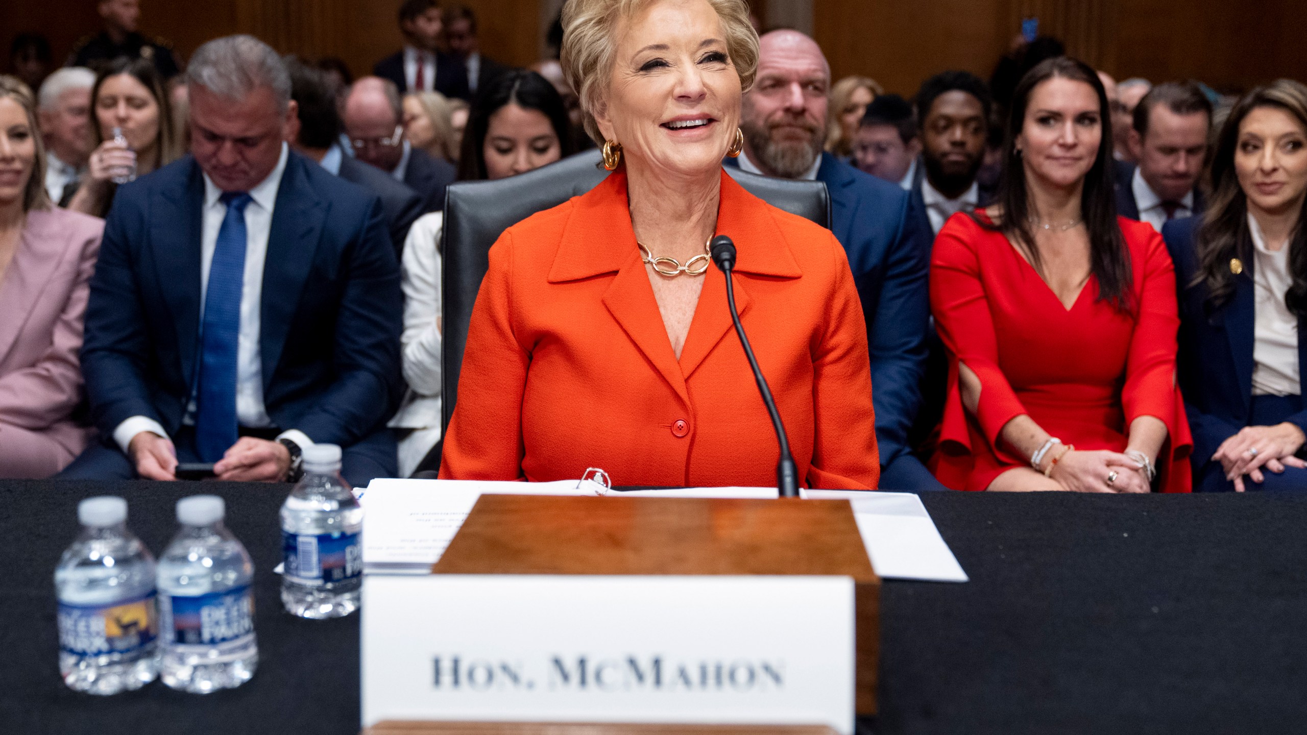 Linda McMahon, President Donald Trump's nominee for Secretary of Education, arrives for a hearing of the Health, Education, and Labor Committee on her nomination, Thursday, Feb. 13, 2025, in Washington. (AP Photo/Jacquelyn Martin)