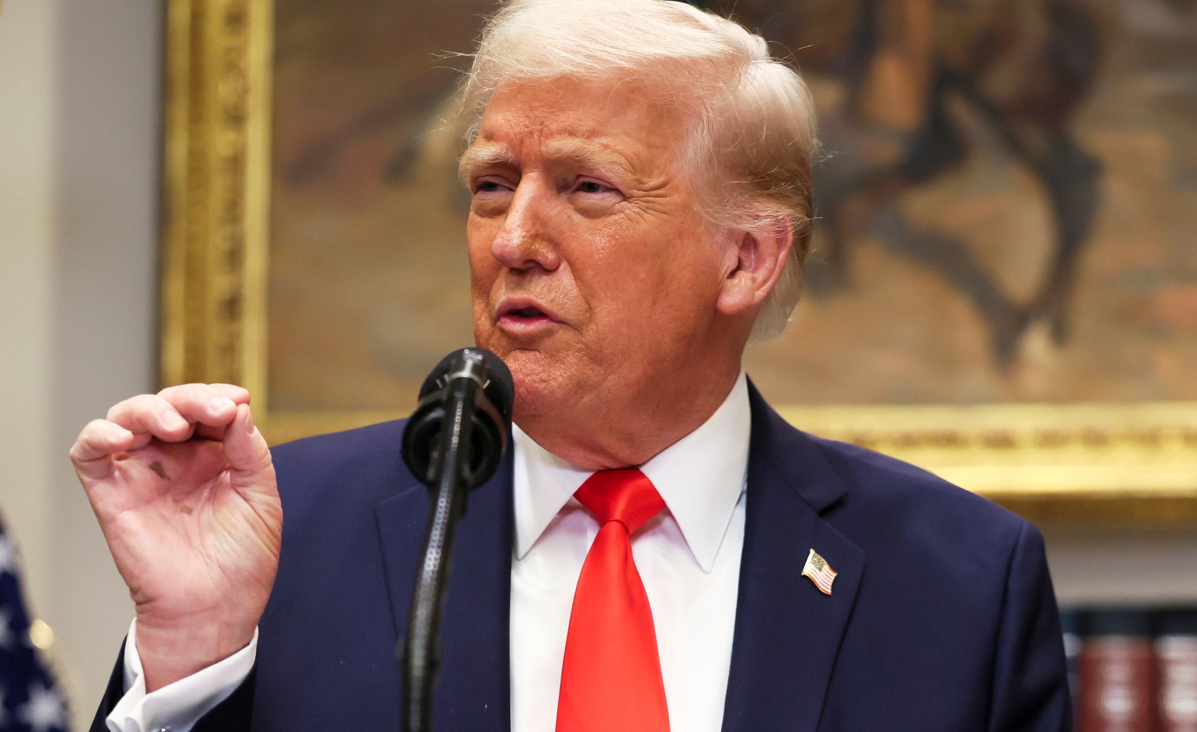 President Donald Trump speaks in the Roosevelt Room of the White House in Washington, Monday, March 3, 2025. (Pool via AP)