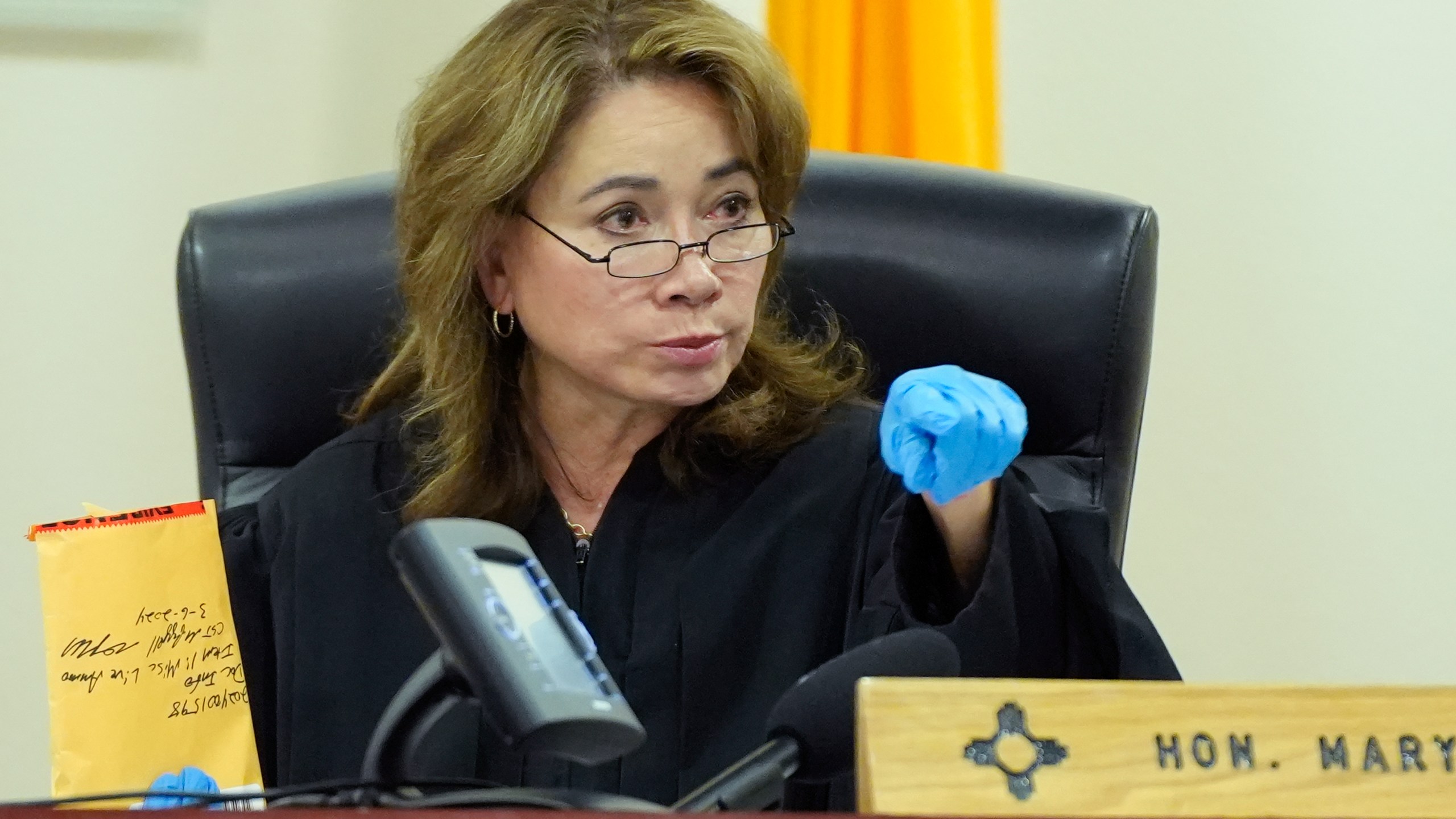 FILE - Judge Mary Marlowe Sommer presides over actor Alec Baldwin's trial on involuntary manslaughter for the 2021 fatal shooting of cinematographer Halyna Hutchins during filming of the Western movie "Rust," on July 12, 2024, at Santa Fe County District Court in Santa Fe, N.M. (Ramsay de Give/Pool Photo via AP, File)