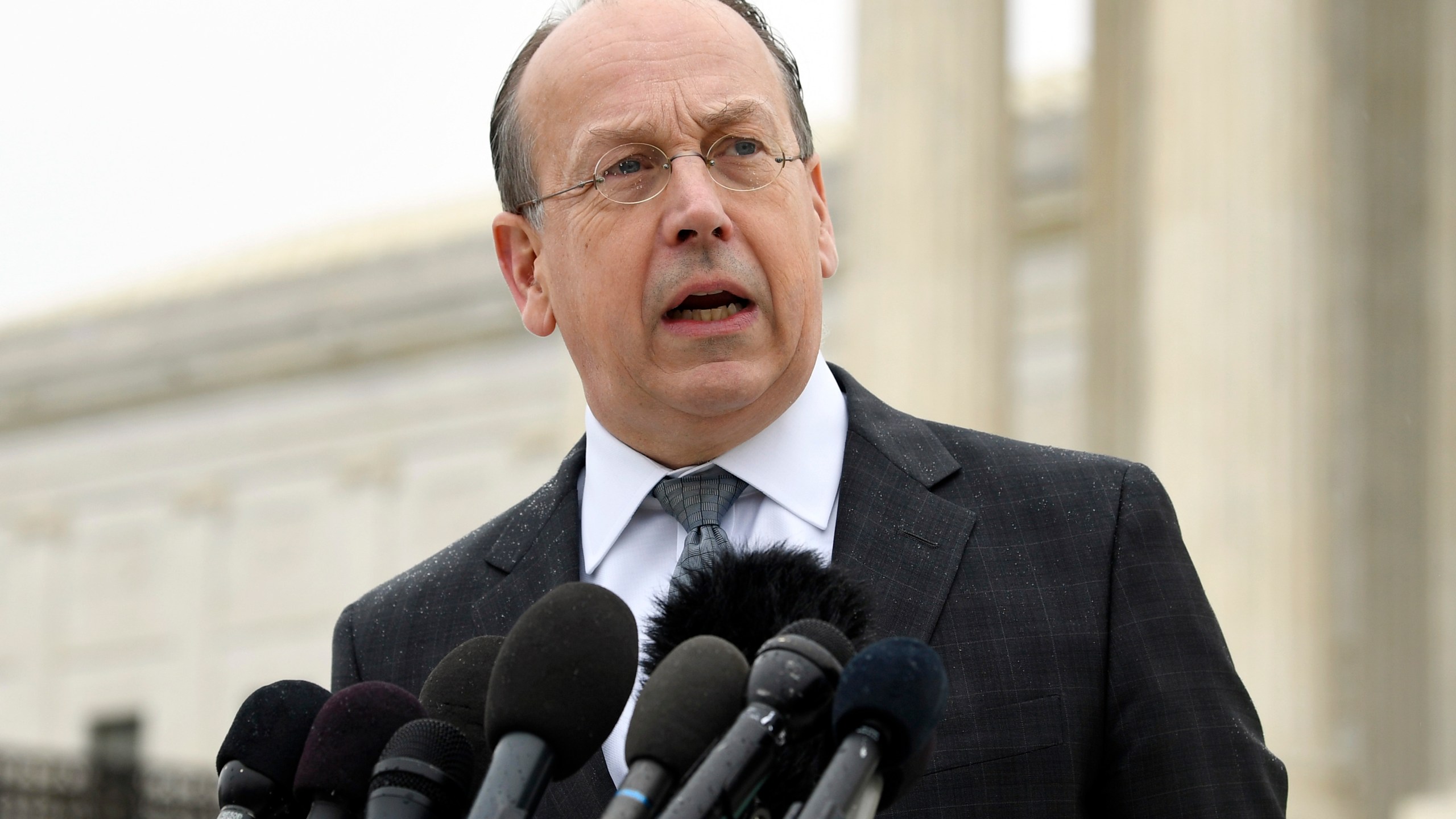 FILE — Attorney Paul Clement makes a statement outside of the Supreme Court in Washington, on Dec. 2, 2019. (AP Photo/Susan Walsh, File)