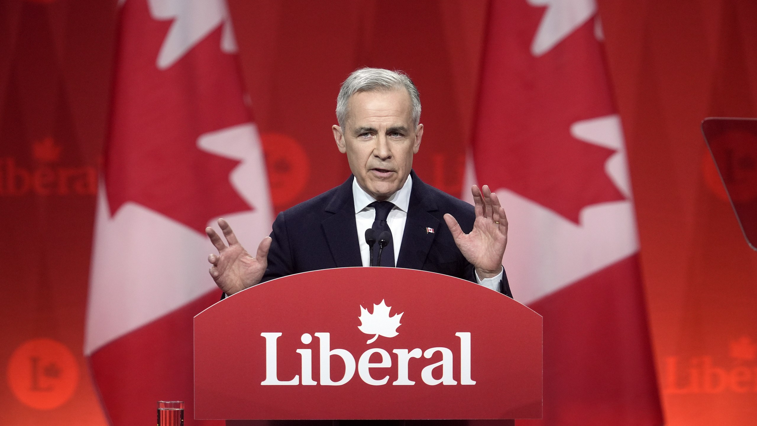 Liberal Party of Canada Leader Mark Carney speaks following the announcement of his win at the party's announcement event in Ottawa, Ontario, Sunday, March 9, 2025. (Adrian Wyld/The Canadian Press via AP)