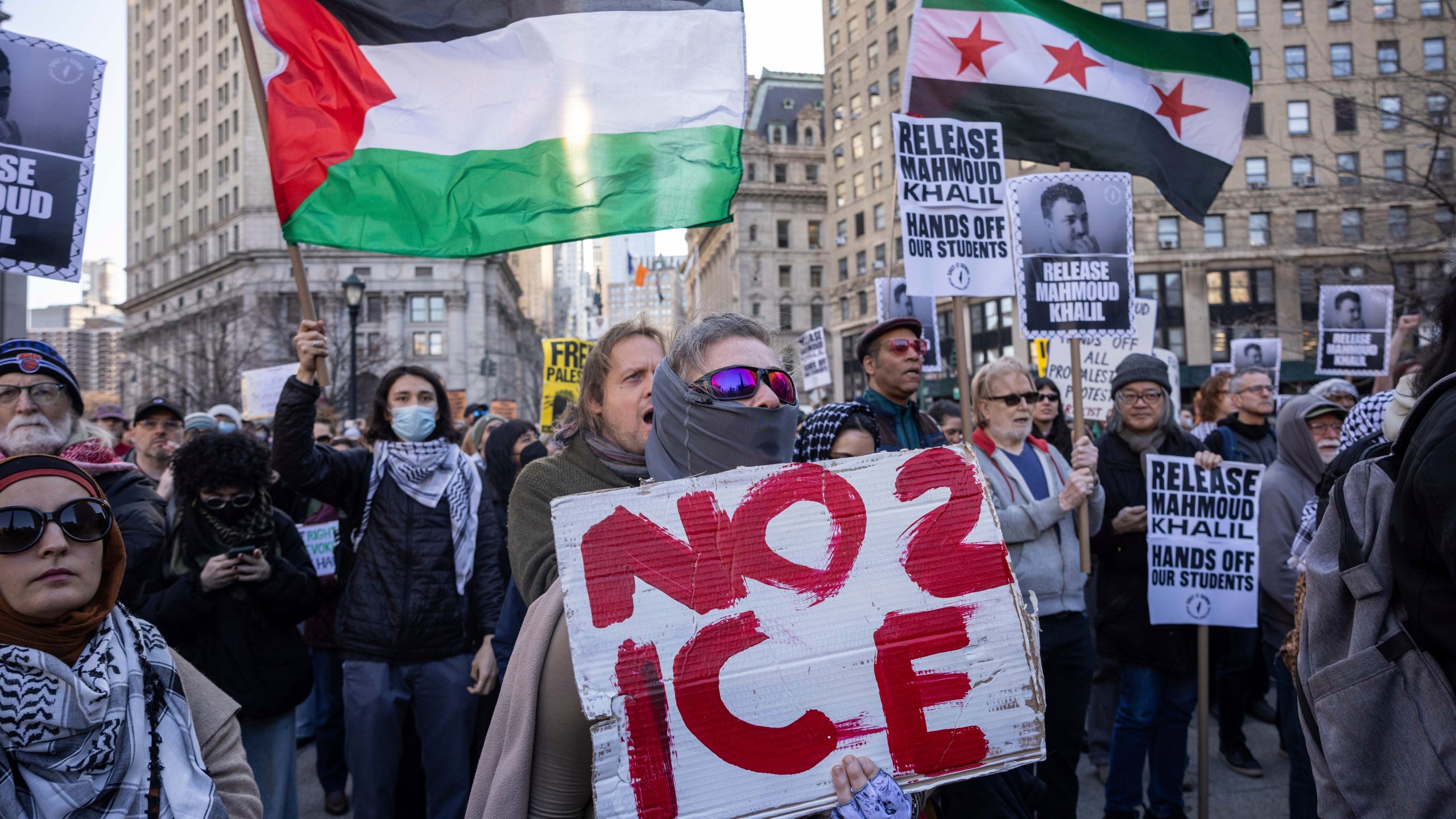 Protesters gather for a demonstration in support of Palestinian activist Mahmoud Khalil, Monday, March 10, 2025, in New York. (AP Photo/Yuki Iwamura)