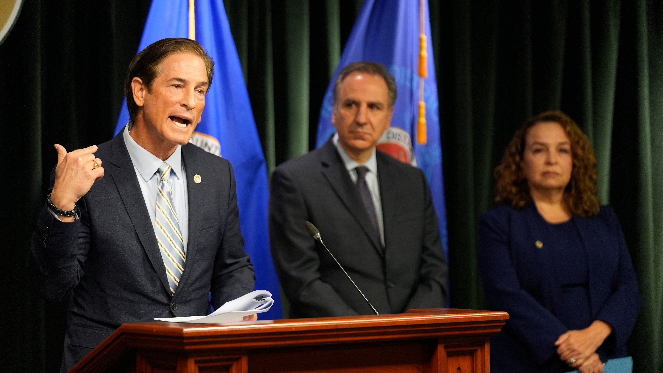 Los Angeles County District Attorney Nathan Hochman talks about the resentencing of Erik and Lyle Menendez for the murders of their parents decades ago, during a news conference in Los Angeles, Monday, March 10, 2025. (AP Photo/Damian Dovarganes)