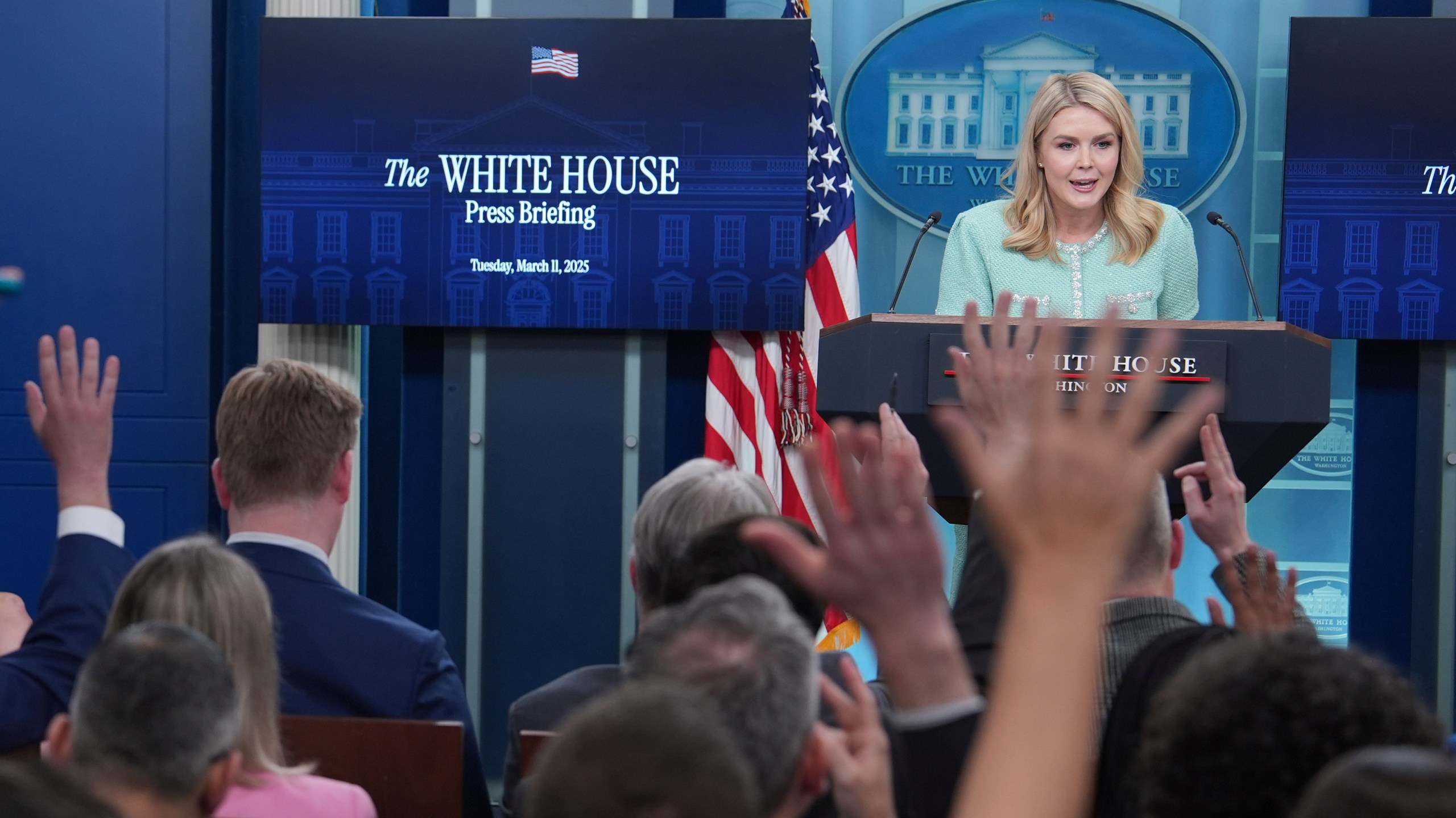 White House press secretary Karoline Leavitt speaks with reporters in the James Brady Press Briefing Room at the White House, Tuesday, March 11, 2025, in Washington. (AP Photo/Evan Vucci)