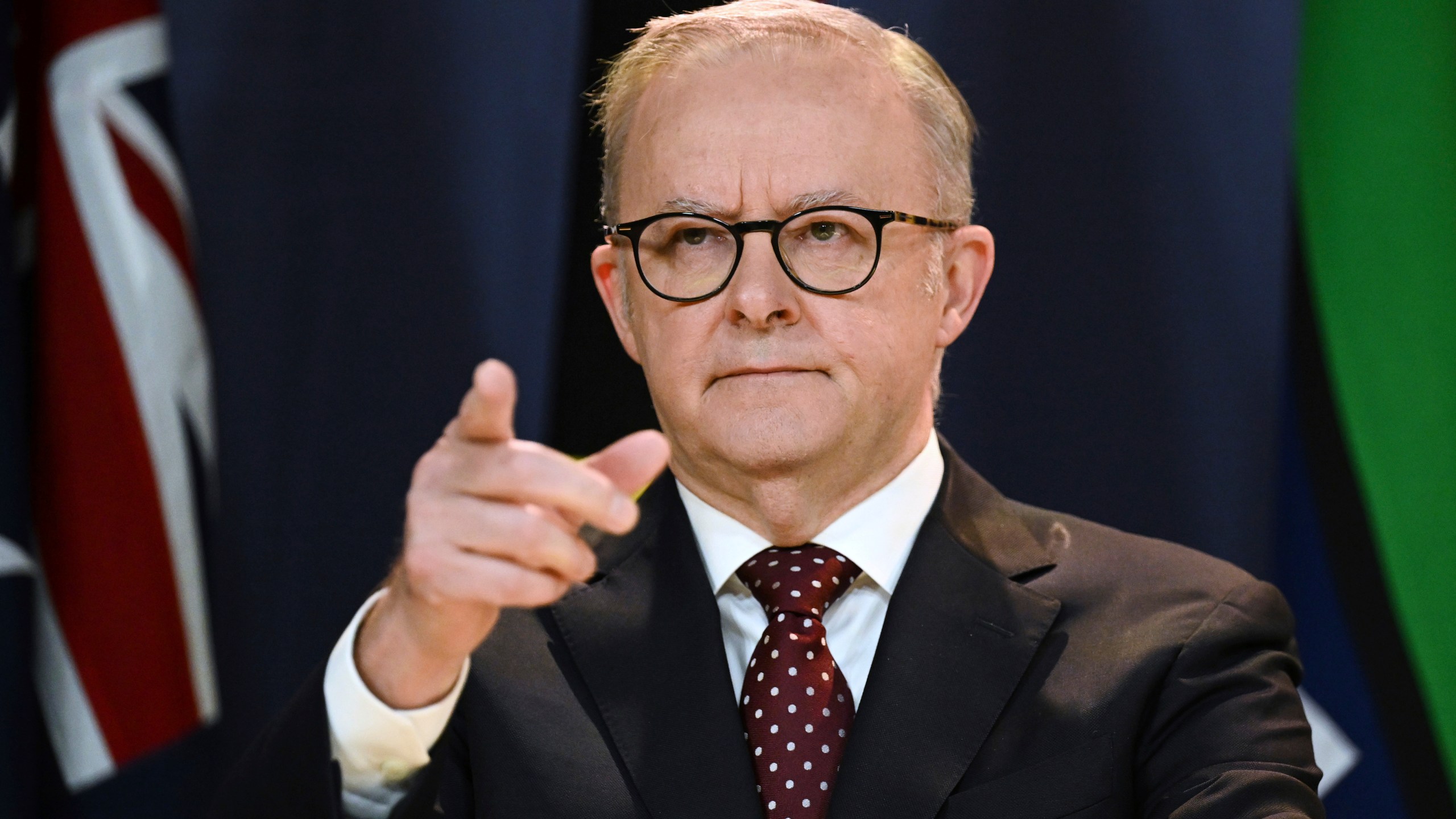 Australian Prime Minister Anthony Albanese gestures during a press conference in Sydney, Wednesday, March 12, 2025. (Dean Lewins/AAP Image via AP)